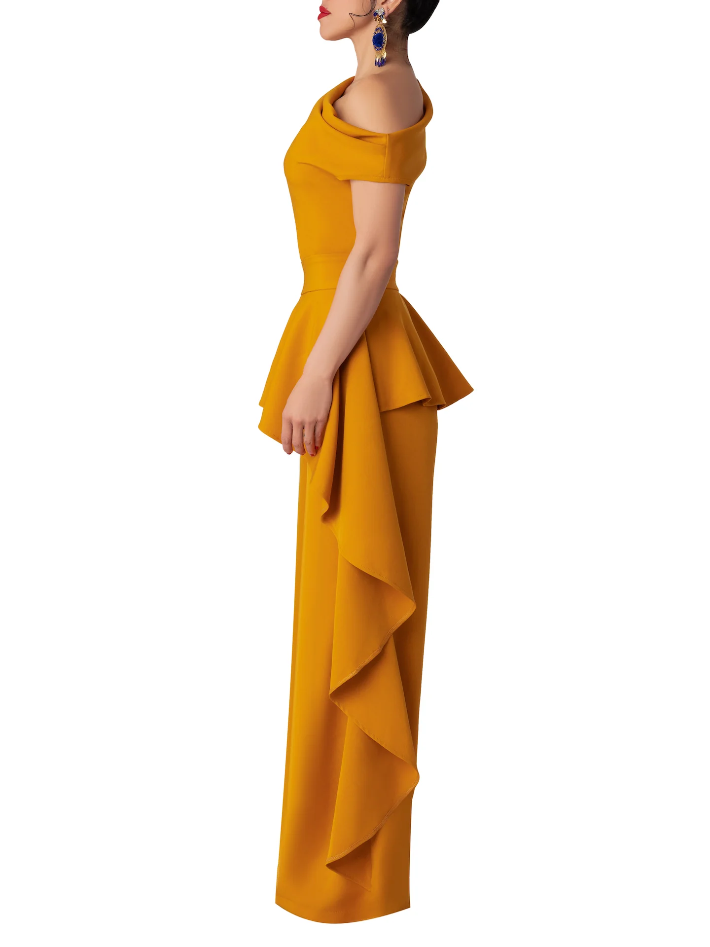"Loquat" Mustard Off-Shoulder Flounce Jumpsuit - Image 7