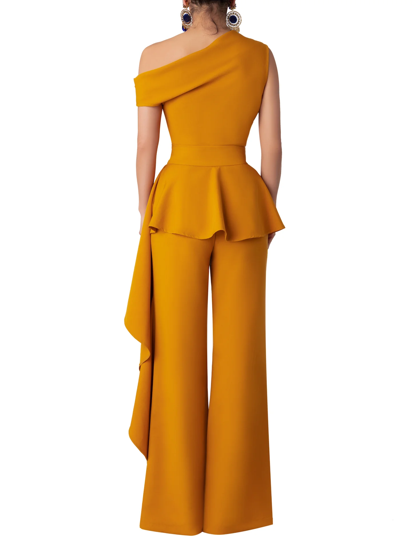 "Loquat" Mustard Off-Shoulder Flounce Jumpsuit - Image 8