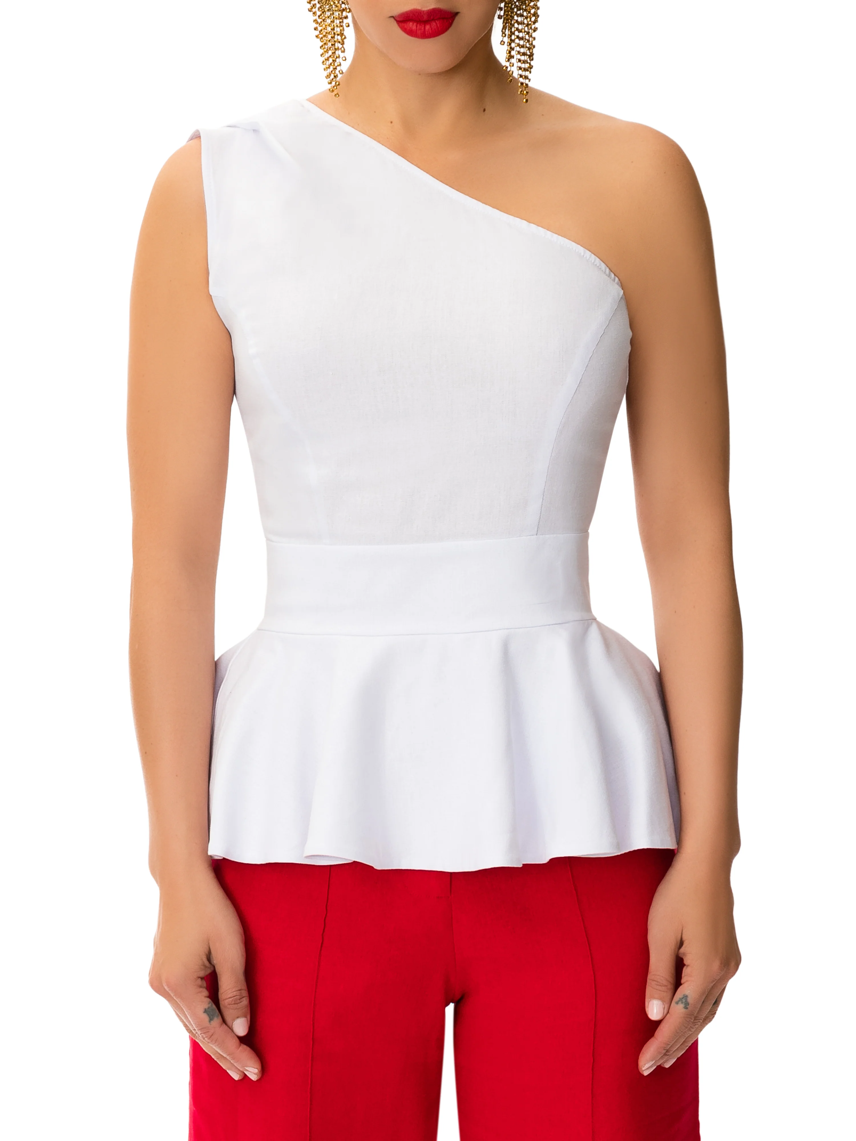 "Los Feliz" White One Shoulder Peplum Top - Image 3
