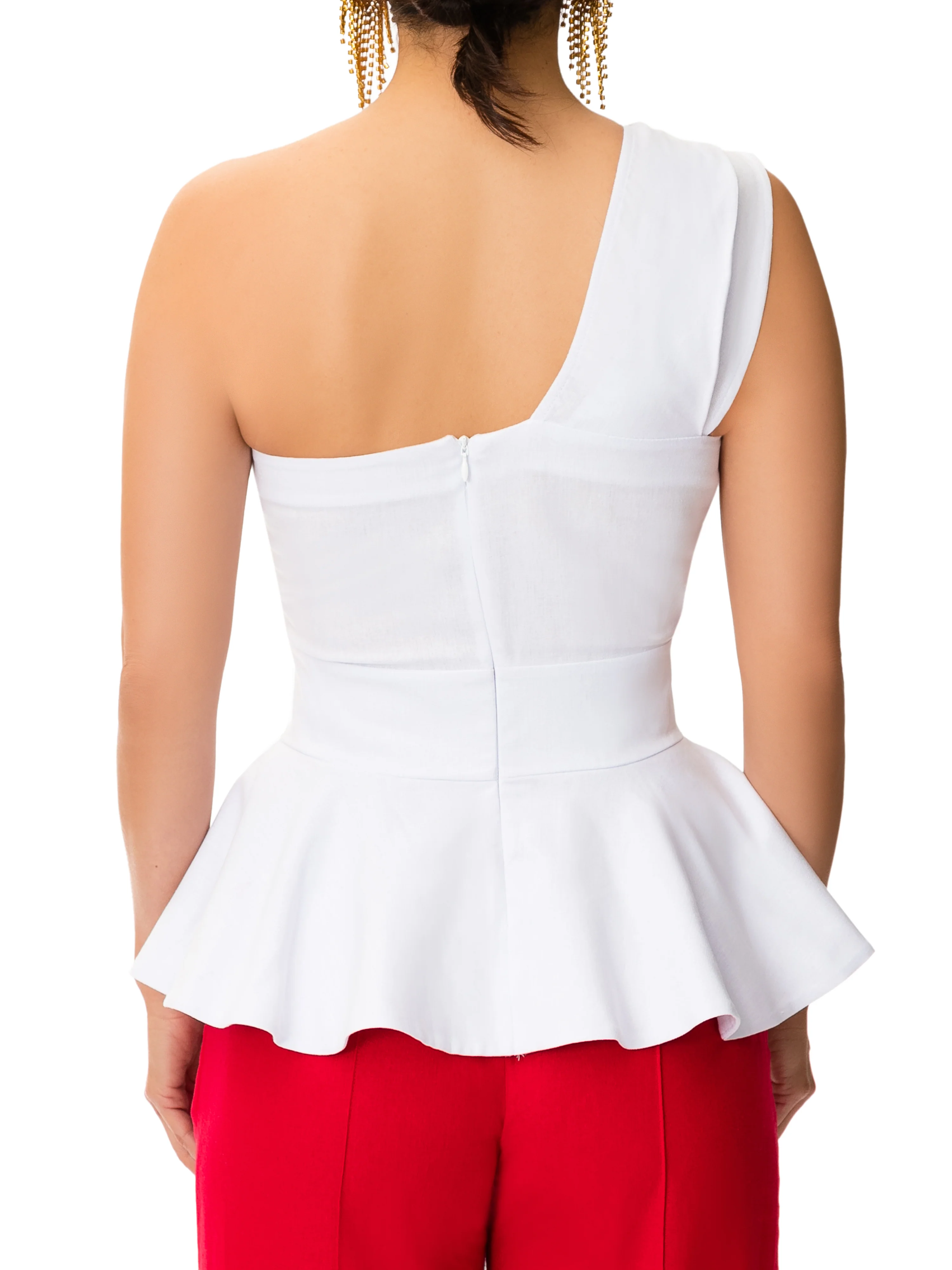 "Los Feliz" White One Shoulder Peplum Top - Image 5
