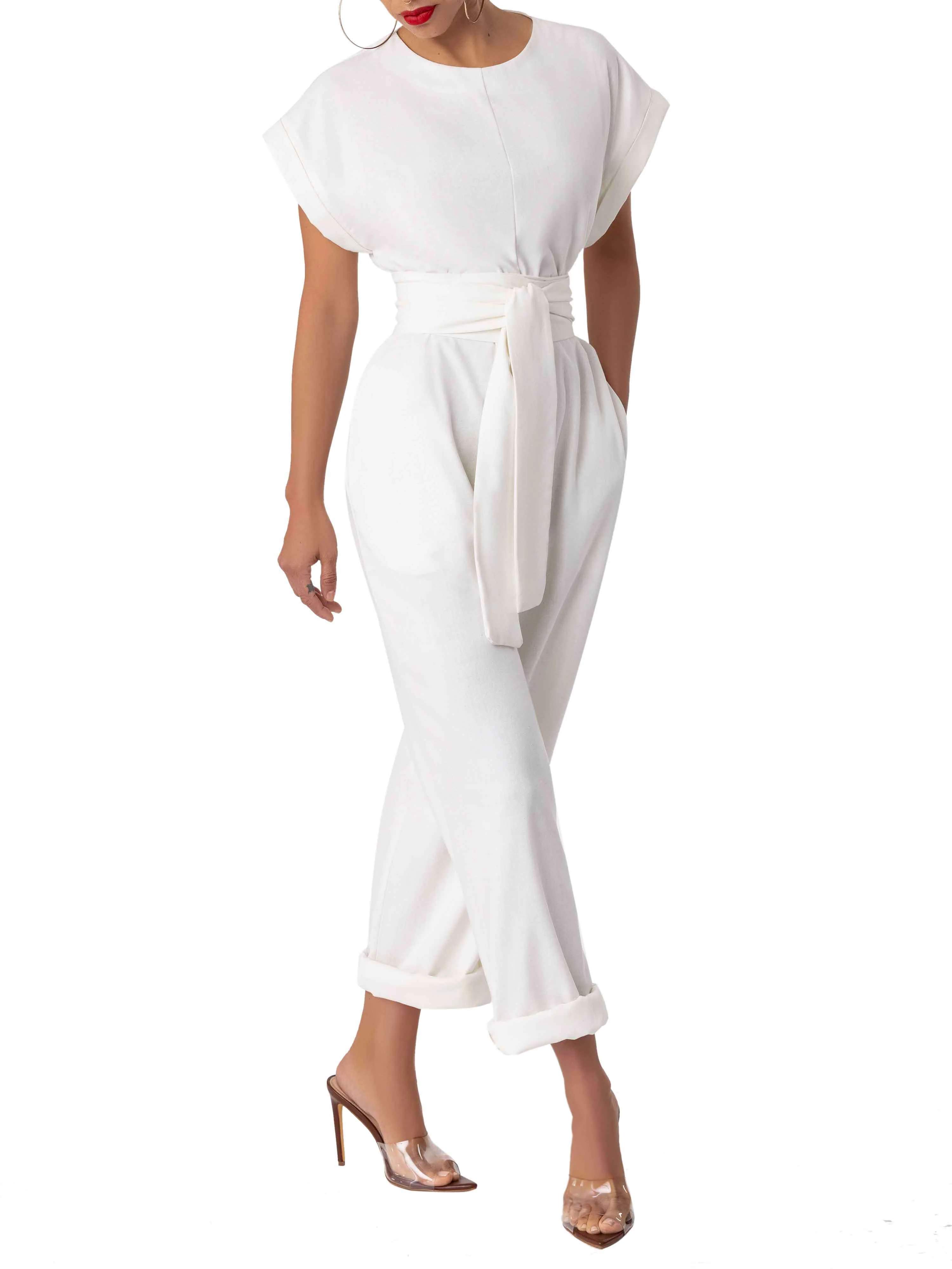 "Lotus" Ivory Relaxed Cap Sleeve Jumpsuit - Image 3