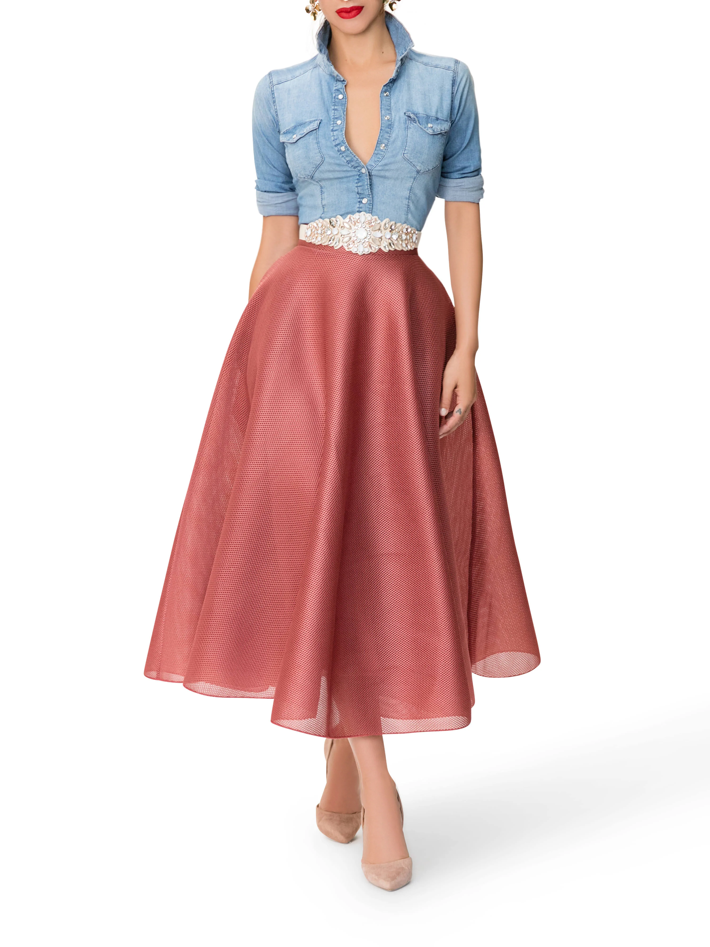"Madeleine" Blush Mesh 50s Midi Skirt - Image 2