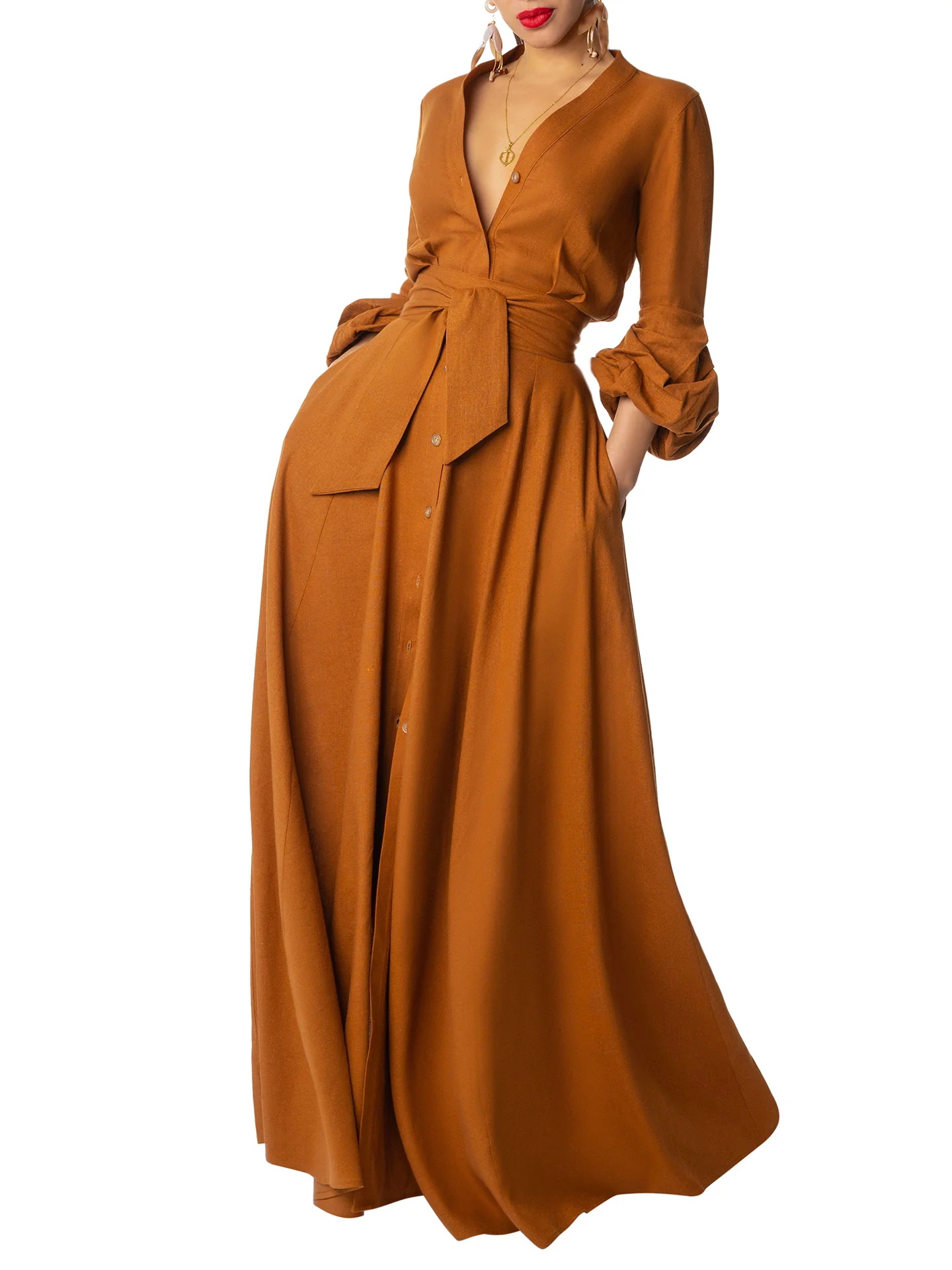 "Mahogany" Cognac Maxi Dress