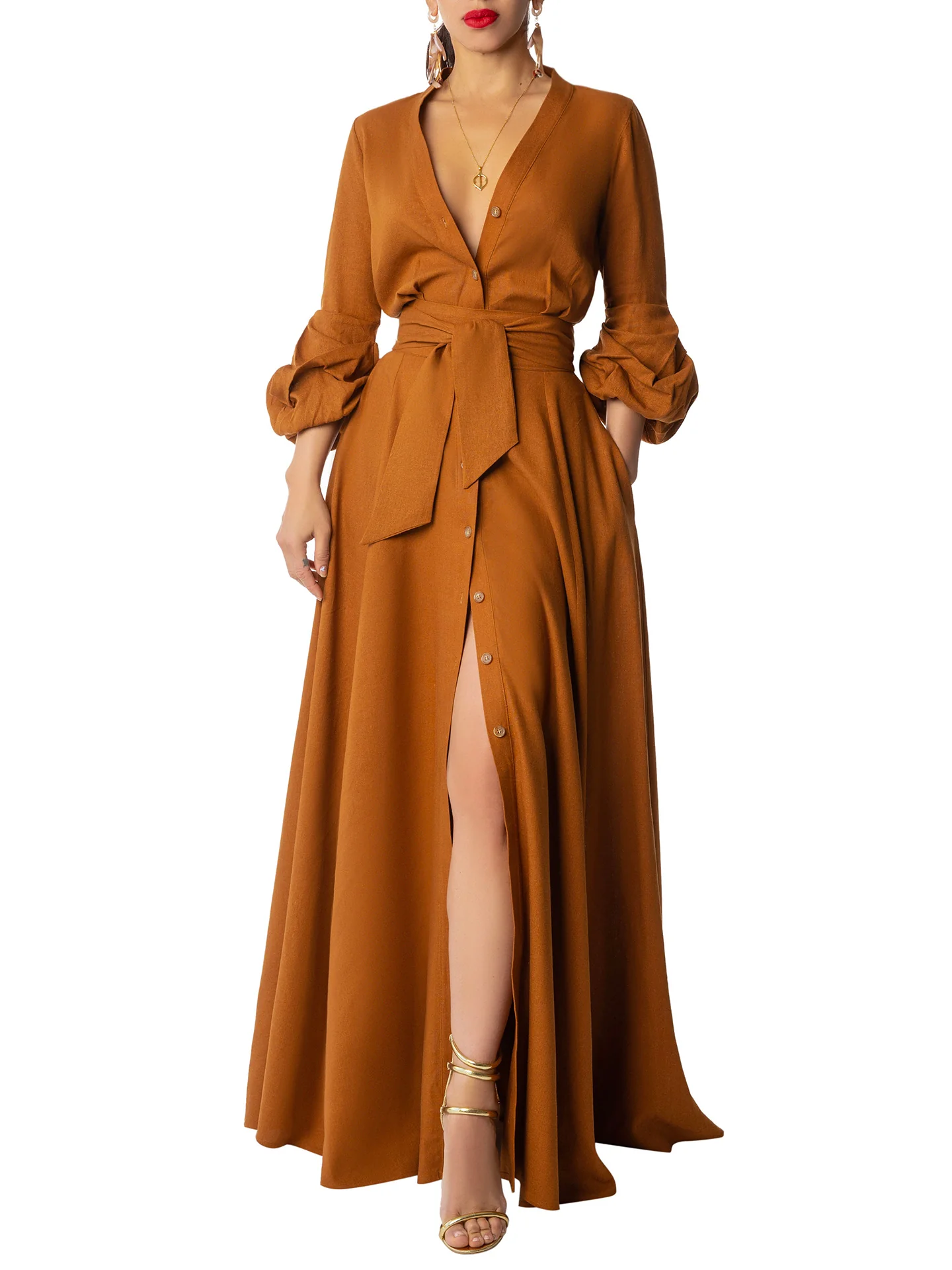 "Mahogany" Cognac Maxi Dress - Image 2