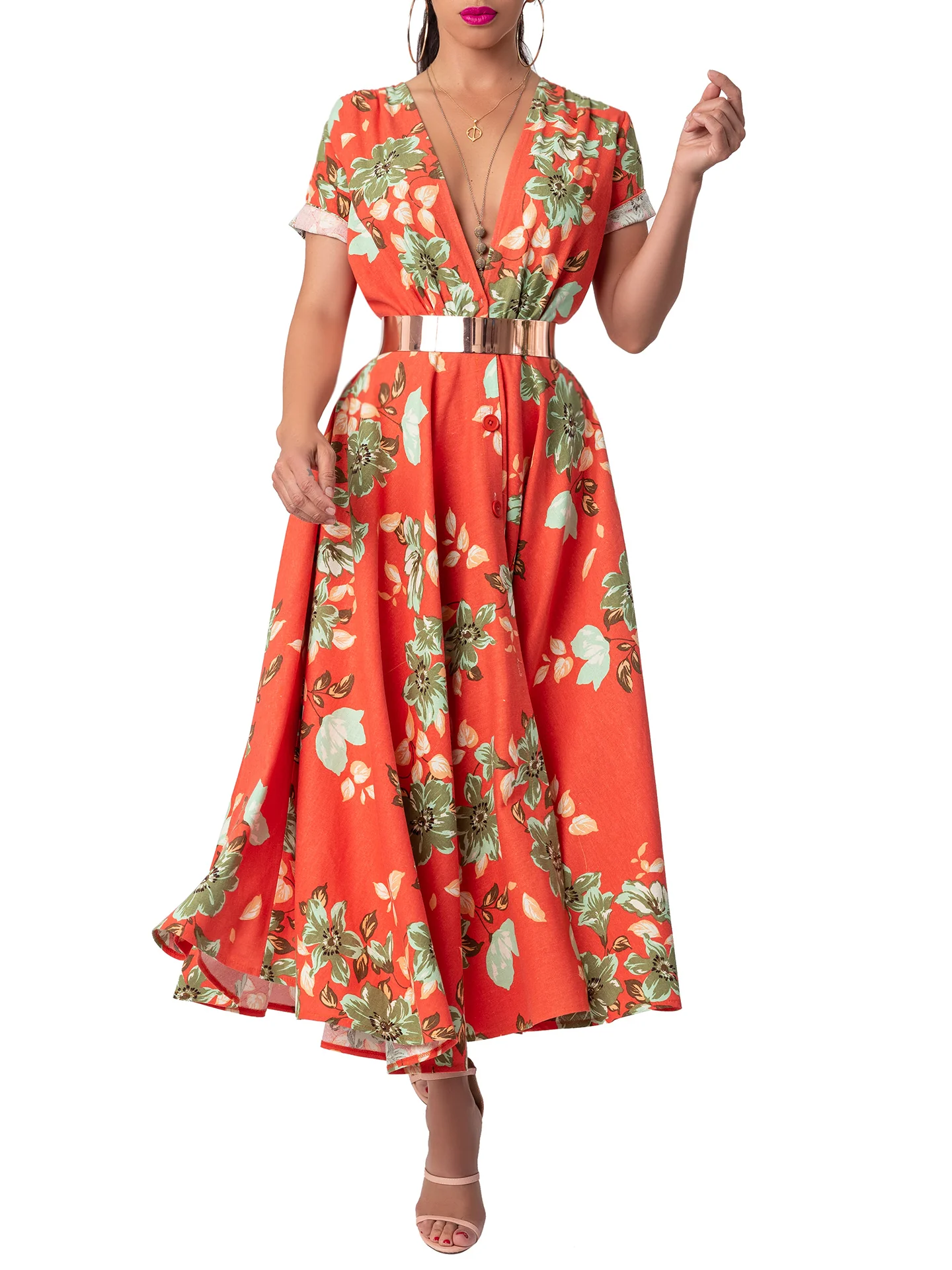"Mai Tai" Floral Coral Gathered Midi Dress - Image 3