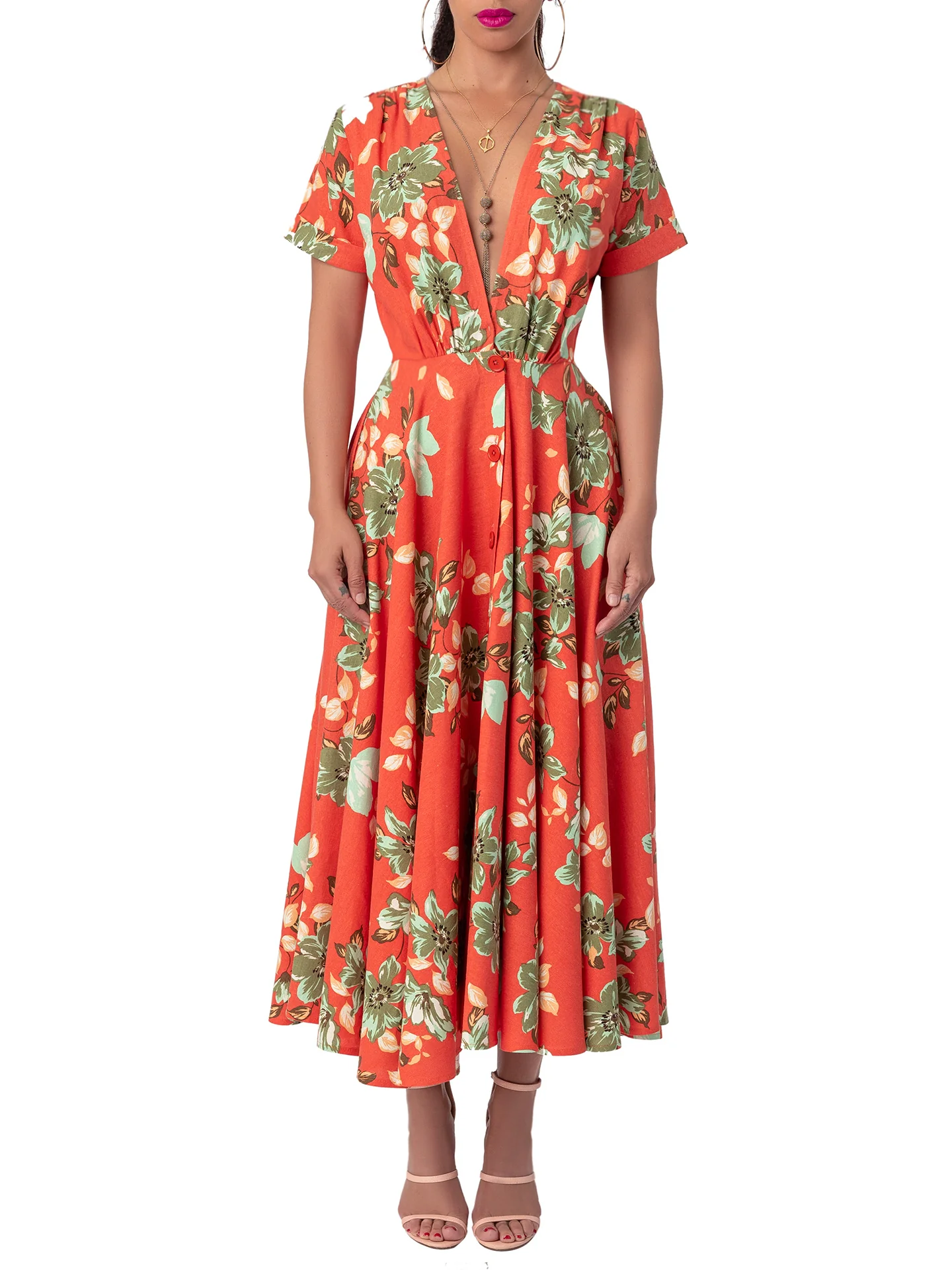 "Mai Tai" Floral Coral Gathered Midi Dress - Image 4