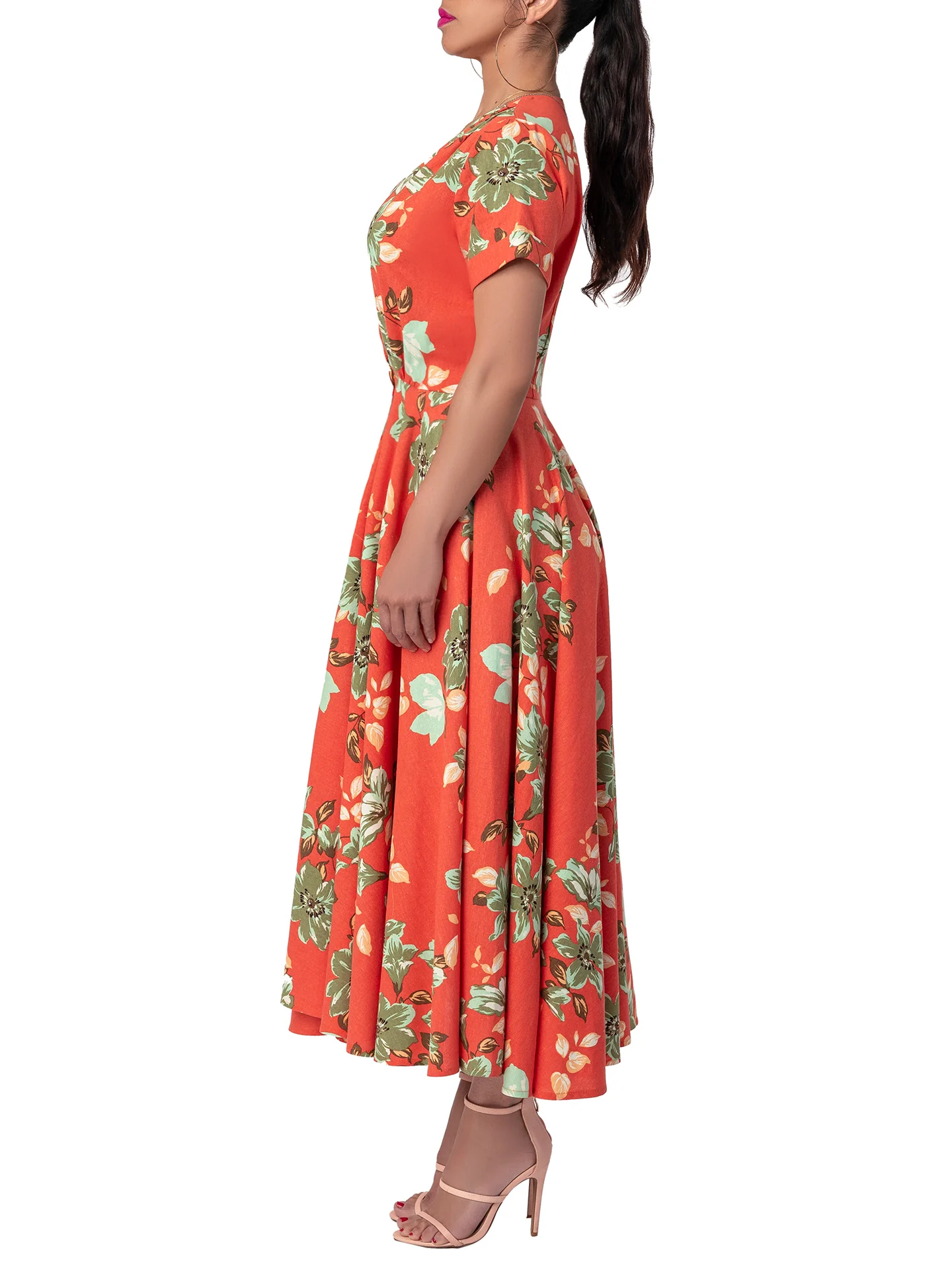 "Mai Tai" Floral Coral Gathered Midi Dress - Image 5