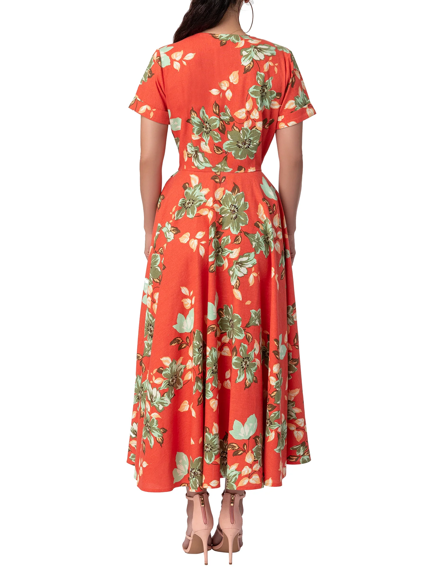 "Mai Tai" Floral Coral Gathered Midi Dress - Image 6