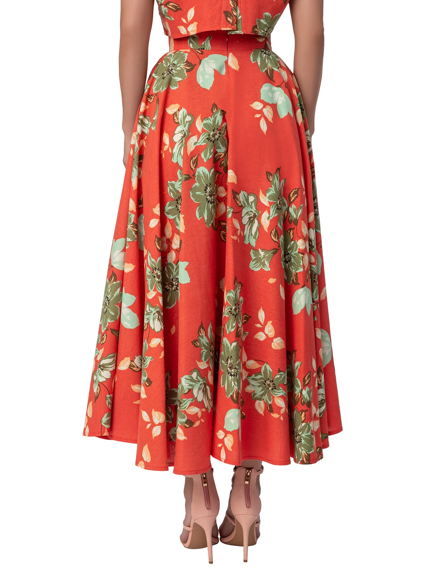 "Manhattan" Coral Floral Round Band Swing Skirt - Image 5