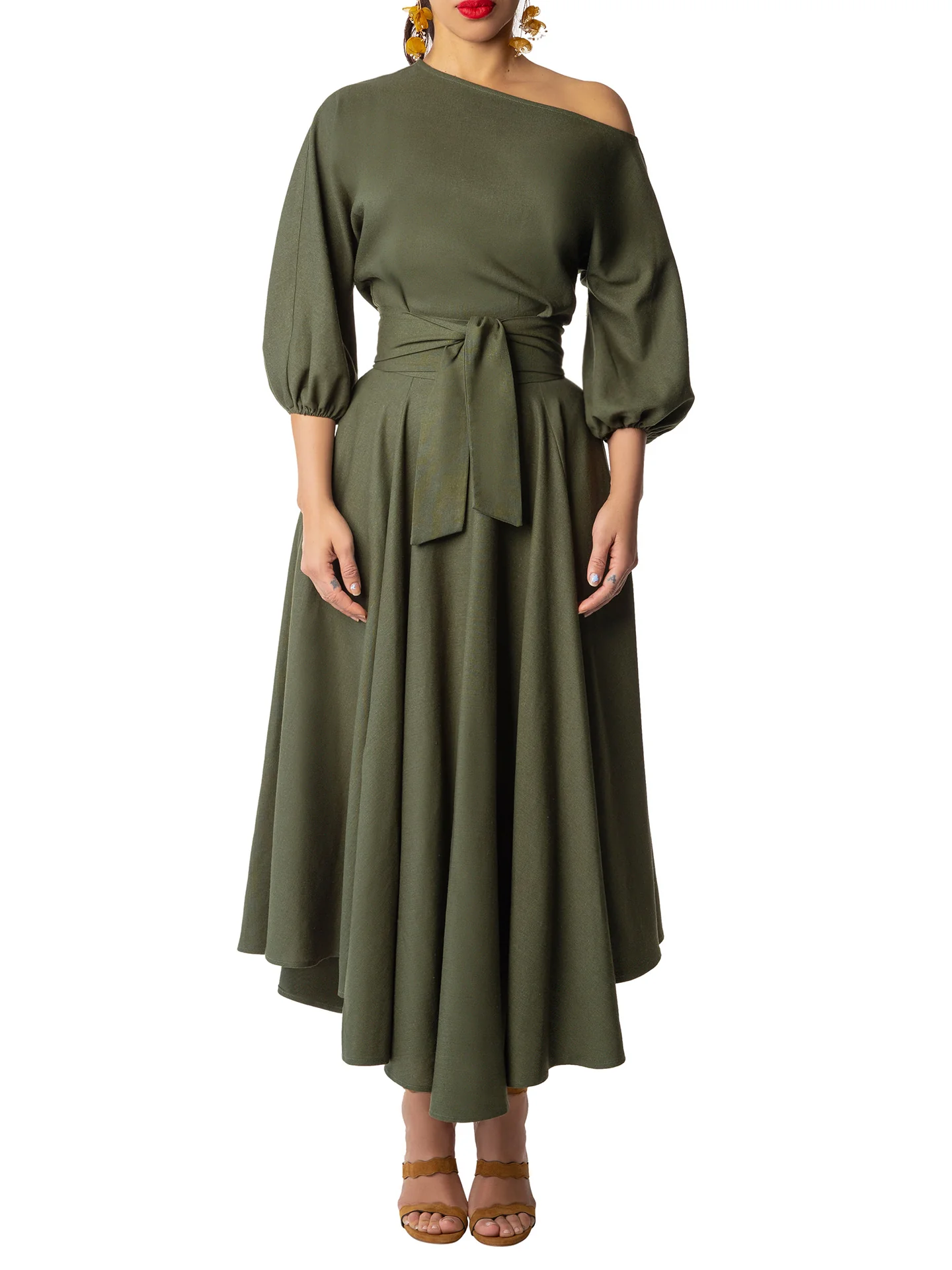 "Maple" Olive Off Shoulder Swing Dress - Image 3