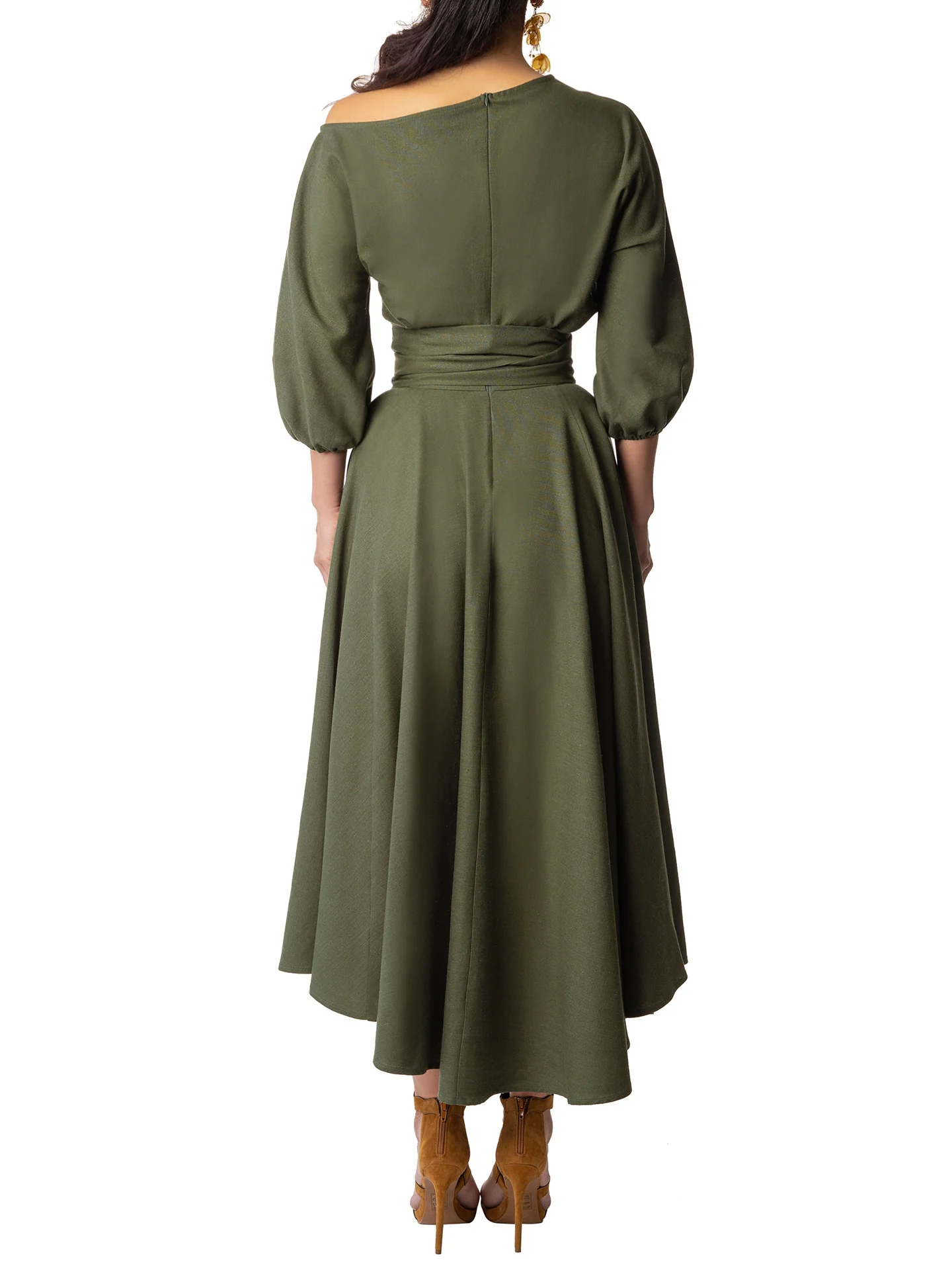 "Maple" Olive Off Shoulder Swing Dress - Image 5