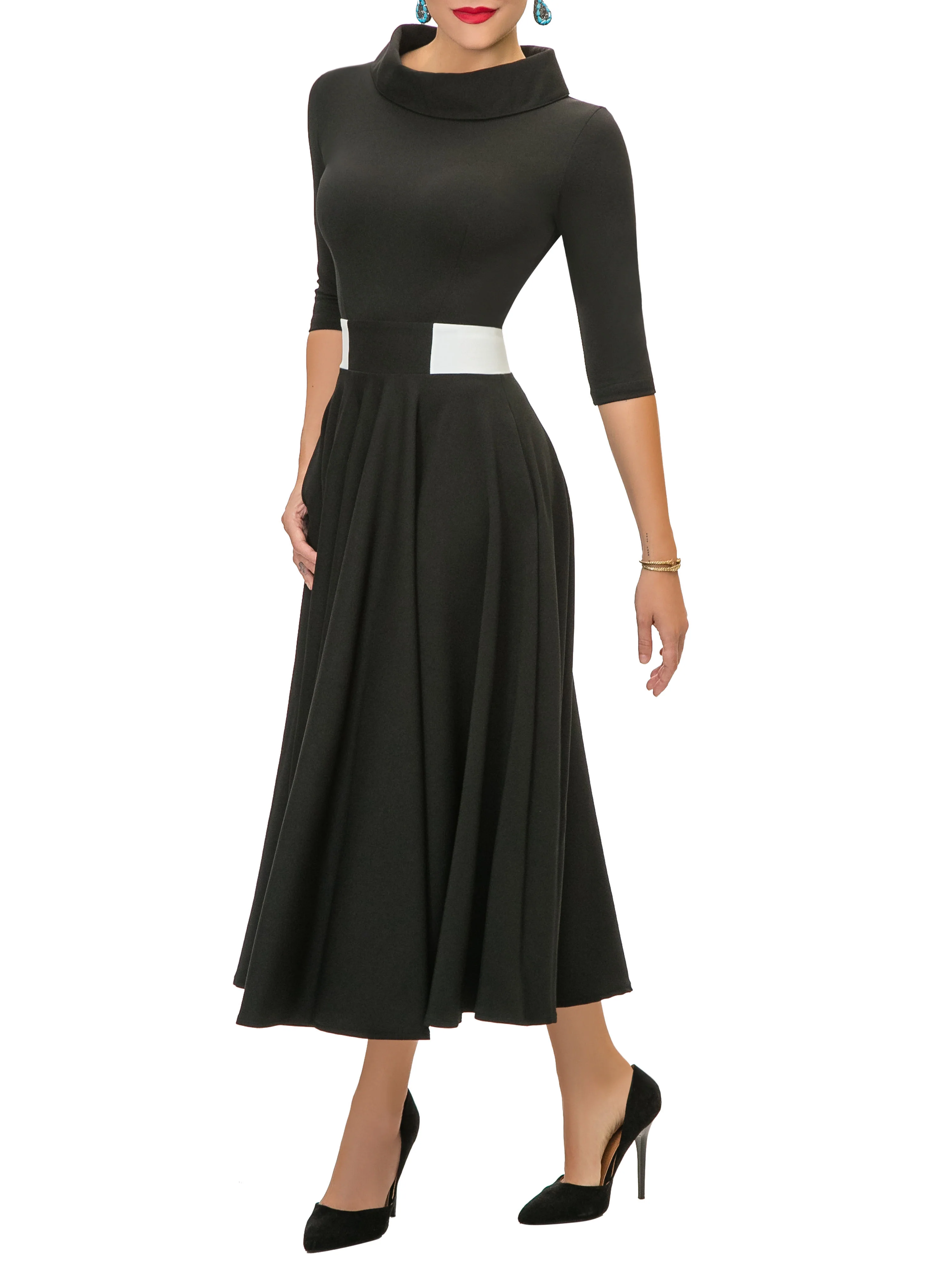 "Margaret" Black/White Contrast Waist Swing Dress - Image 2