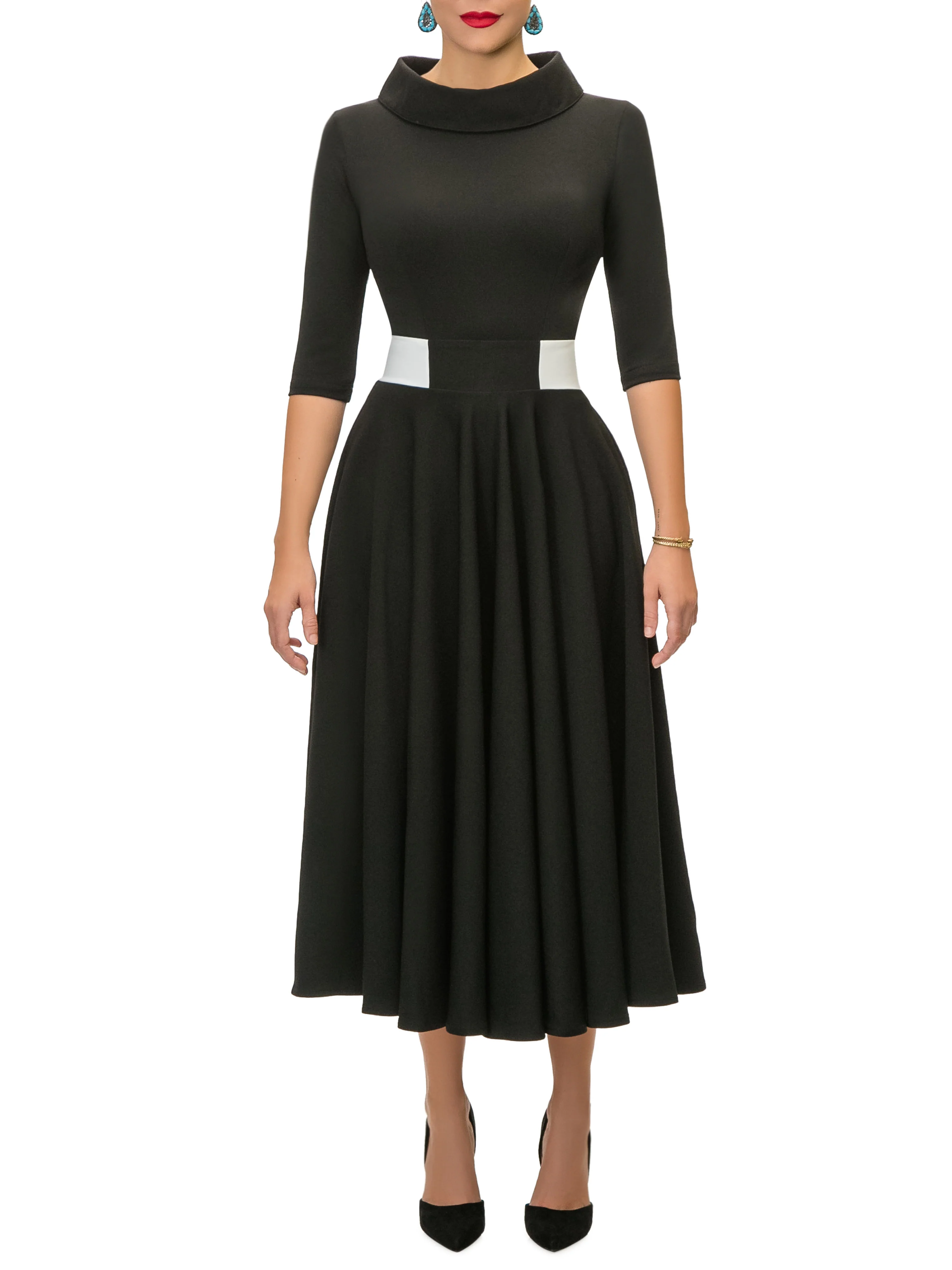 "Margaret" Black/White Contrast Waist Swing Dress - Image 3