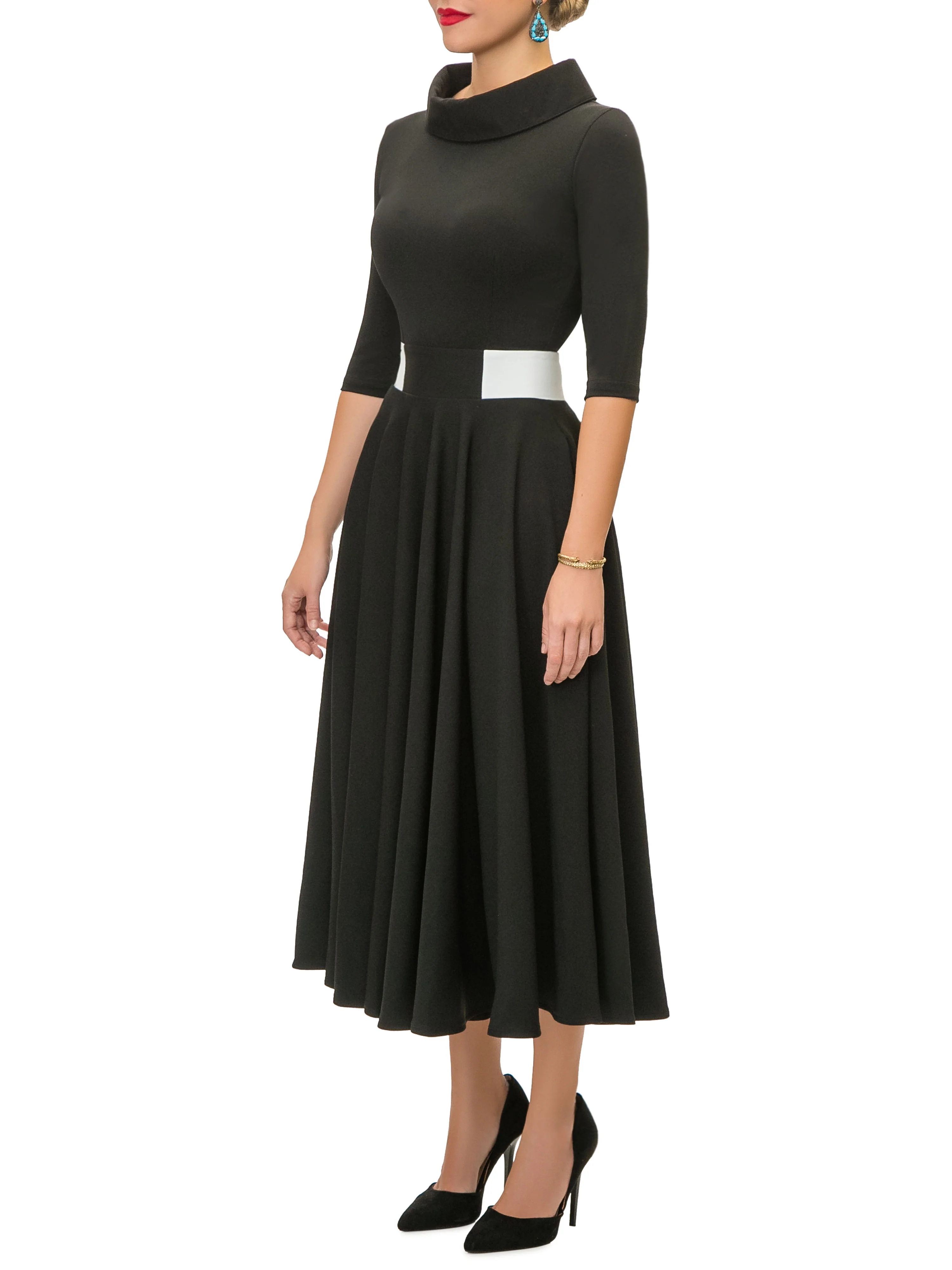 "Margaret" Black/White Contrast Waist Swing Dress - Image 4