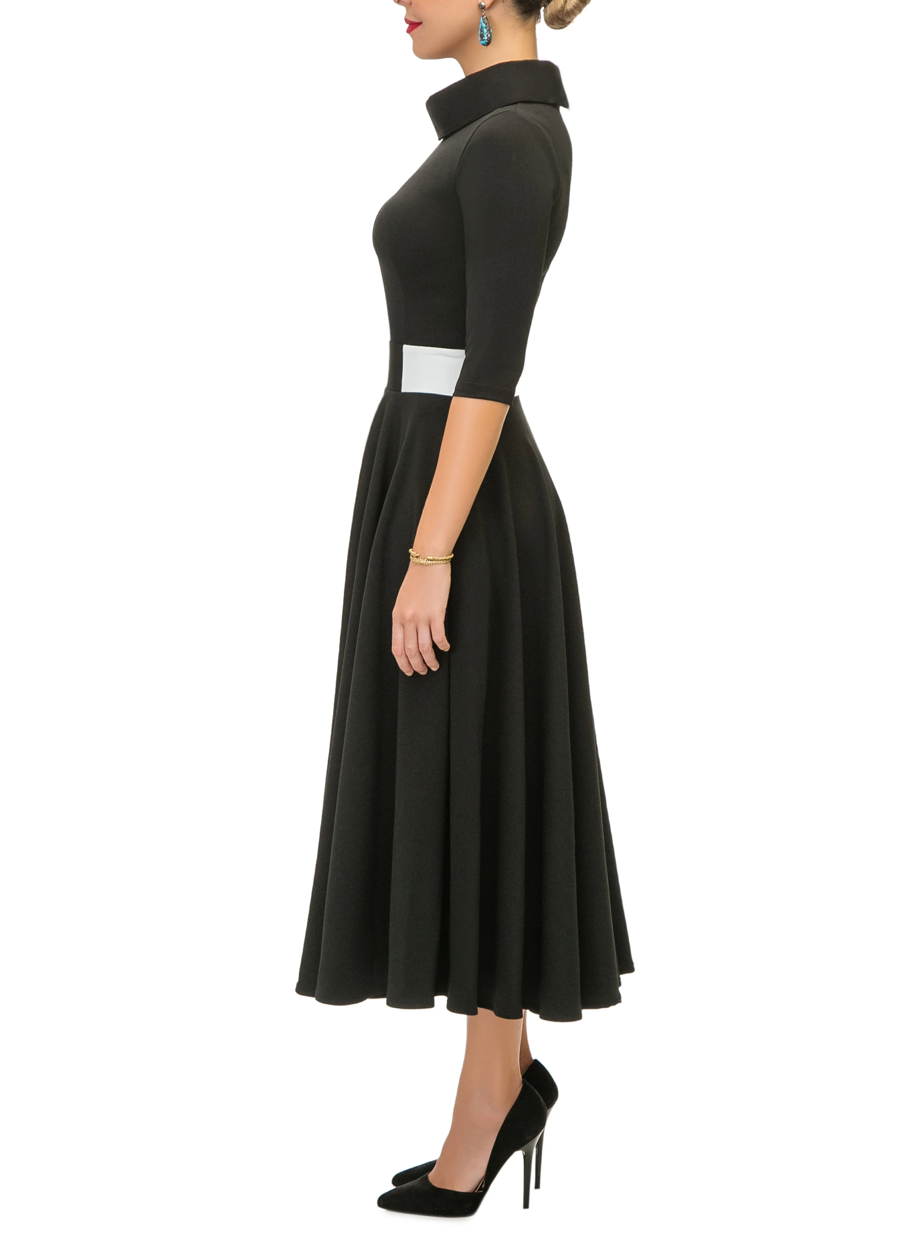 "Margaret" Black/White Contrast Waist Swing Dress - Image 5