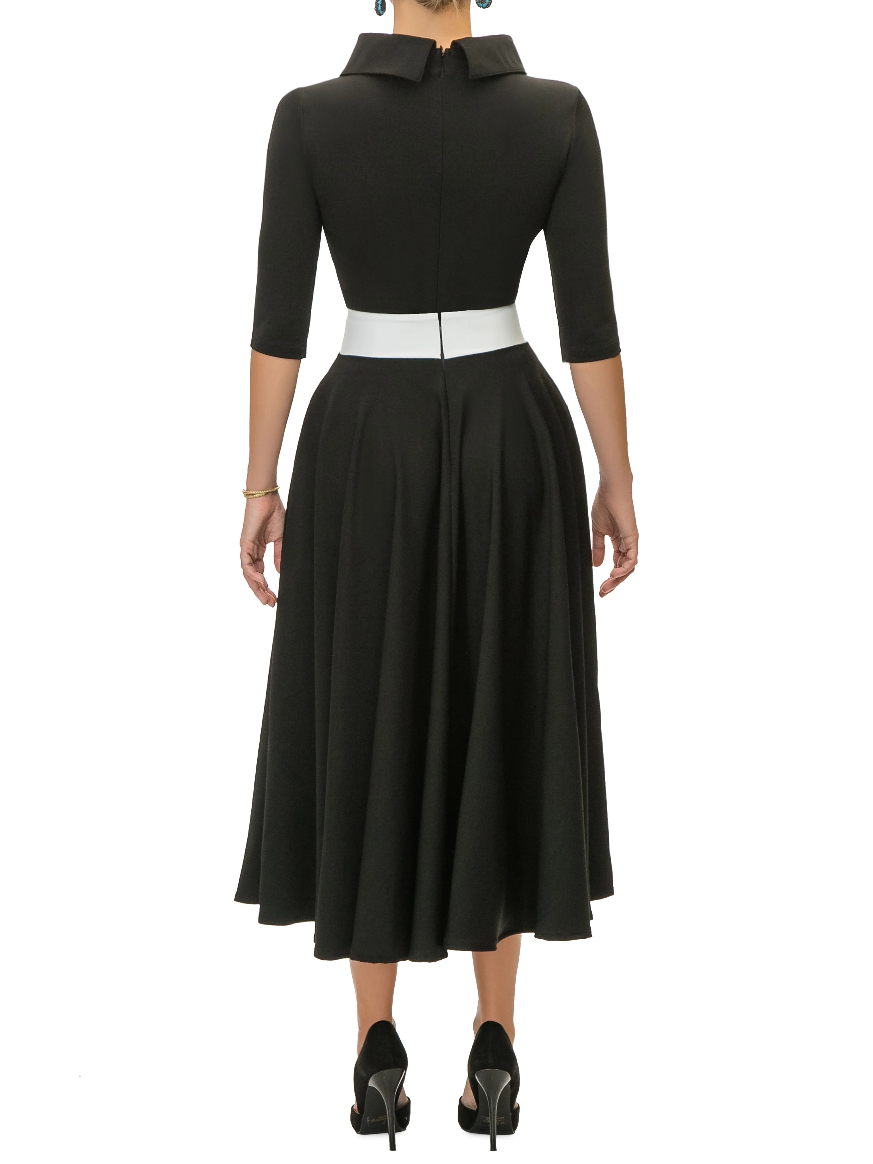 "Margaret" Black/White Contrast Waist Swing Dress - Image 6