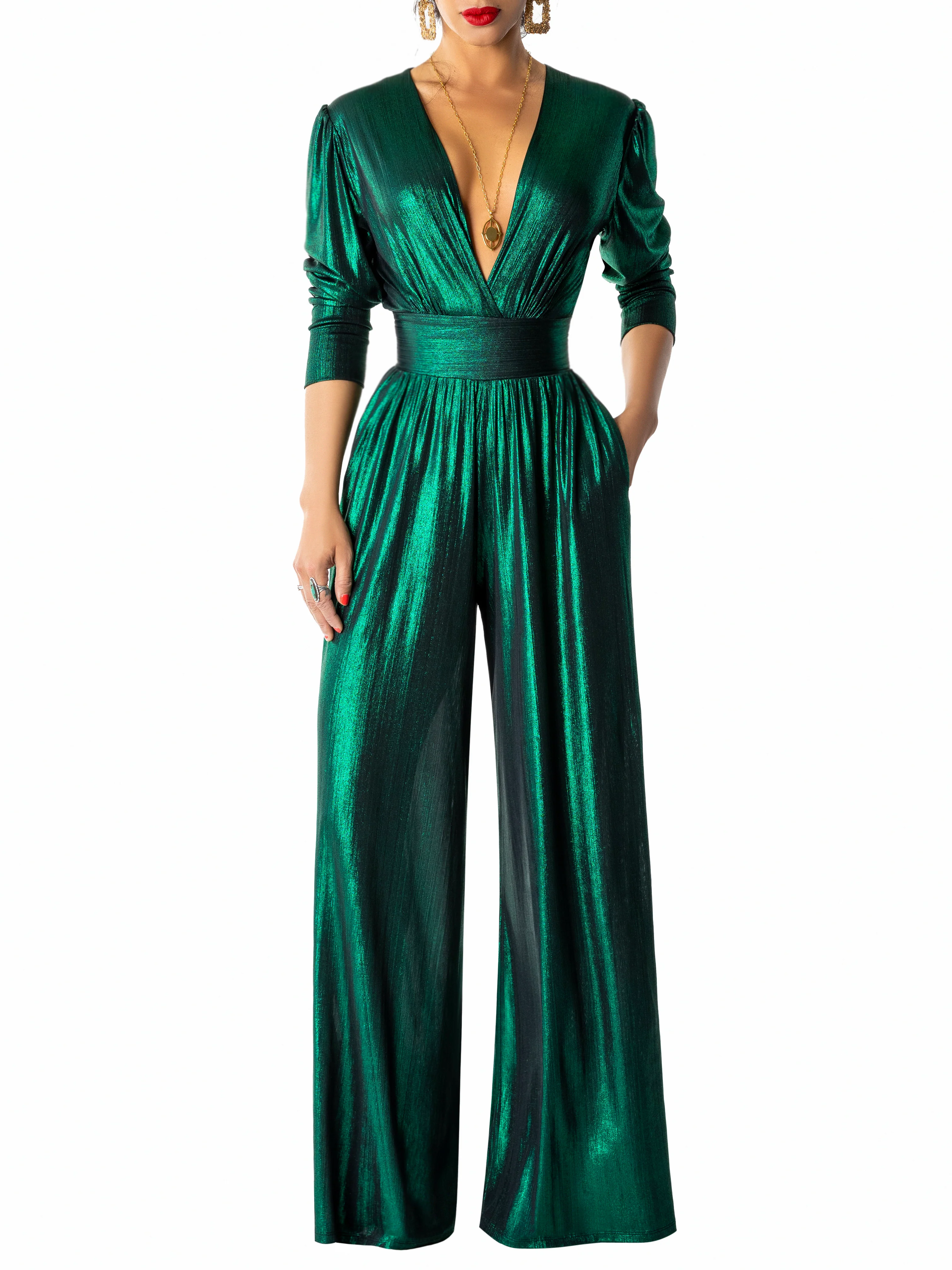 "Margot" Emerald V-Neck Jumpsuit - Image 3