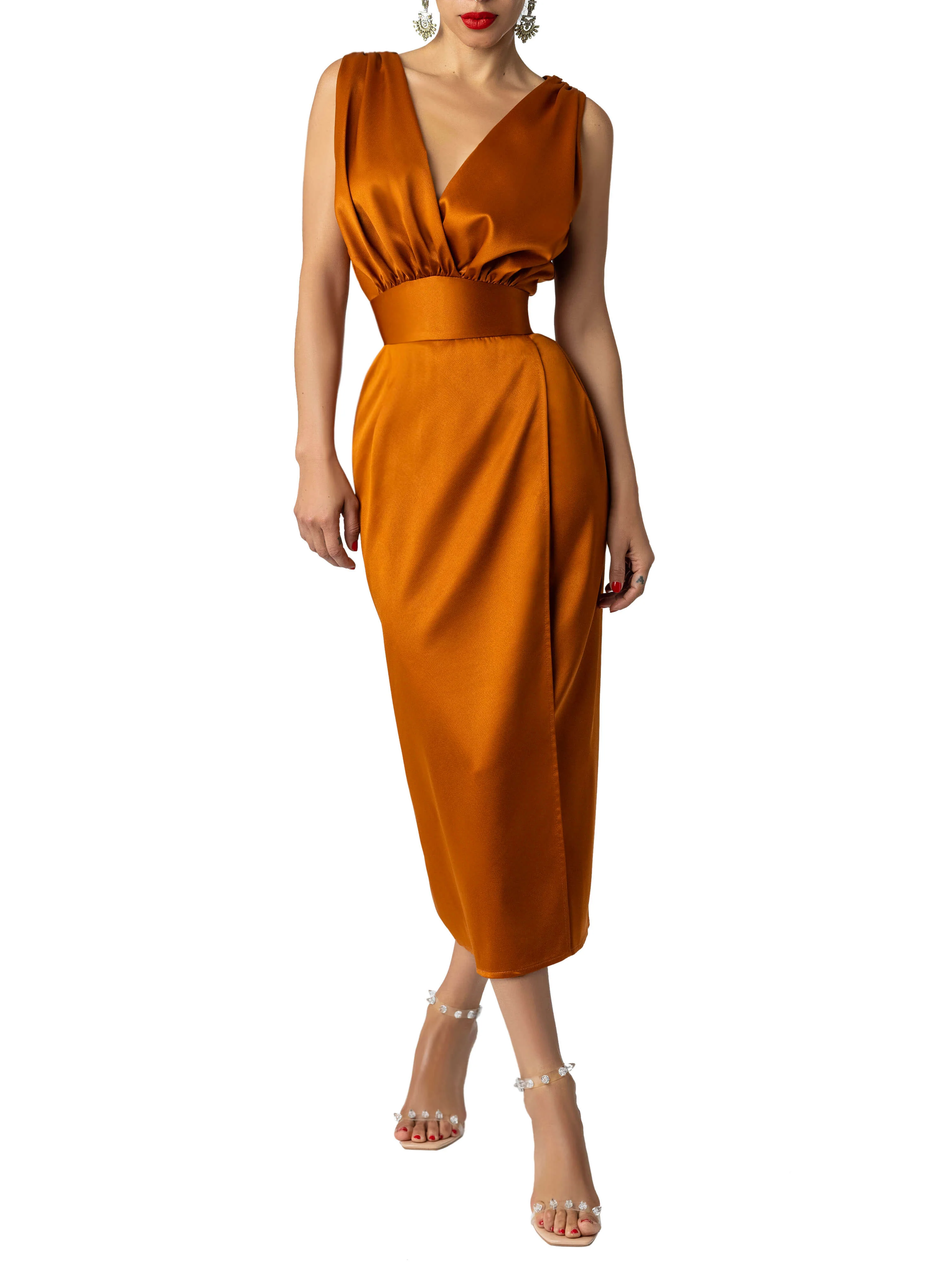 "Mariah" Cognac  Ruched Wrap Pencil Dress - Image 4