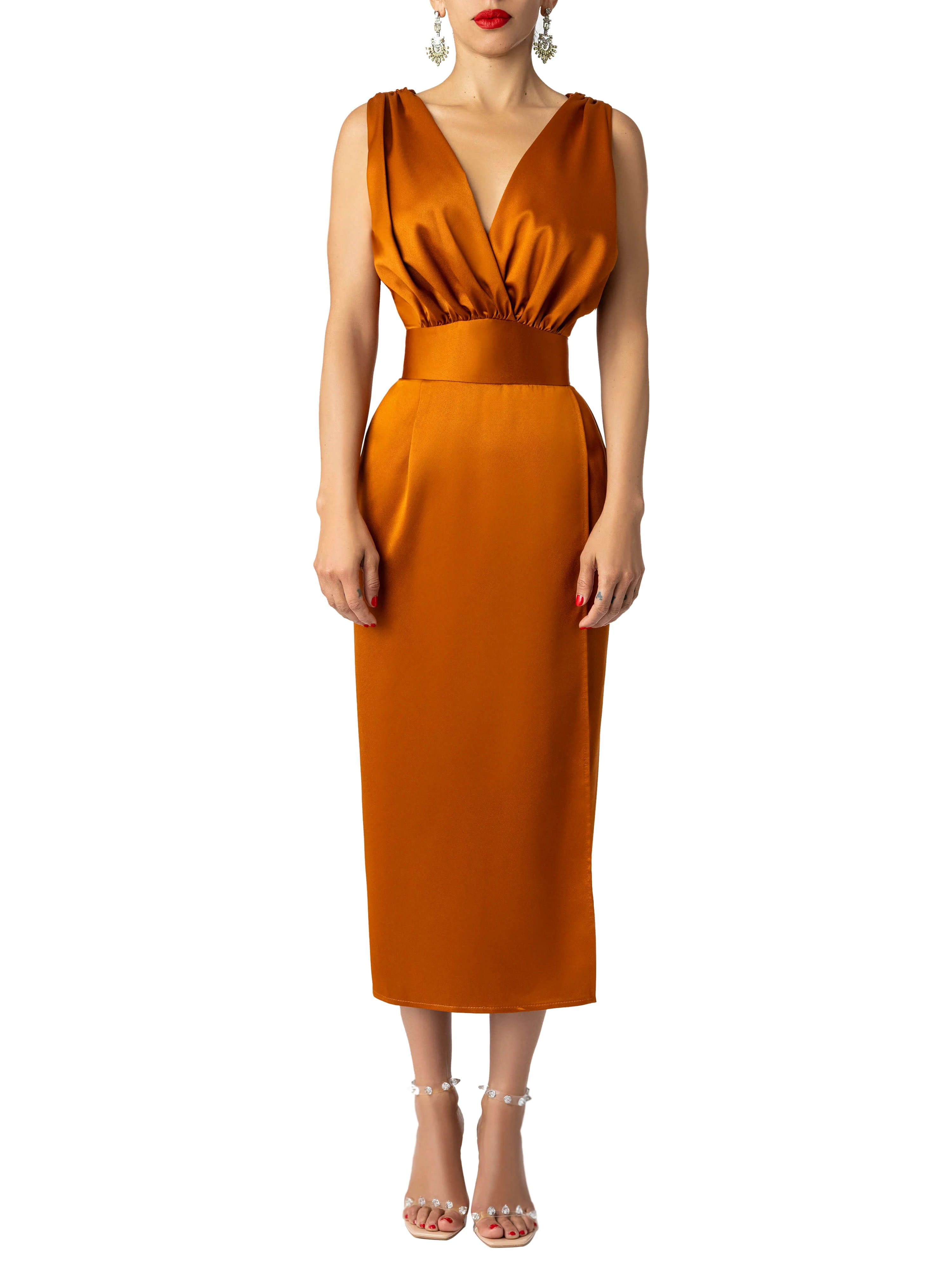 "Mariah" Cognac  Ruched Wrap Pencil Dress - Image 6
