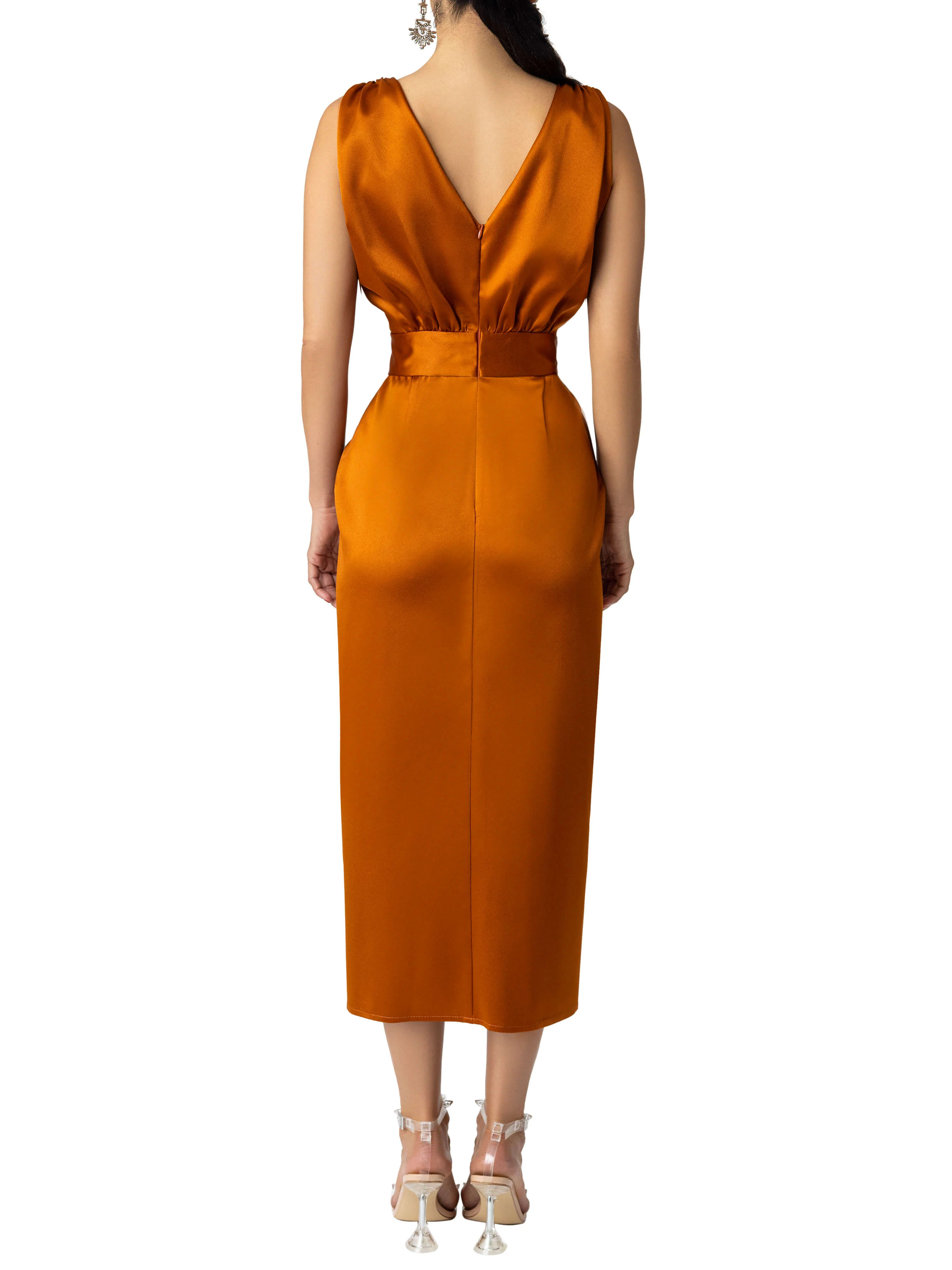 "Mariah" Cognac  Ruched Wrap Pencil Dress - Image 8