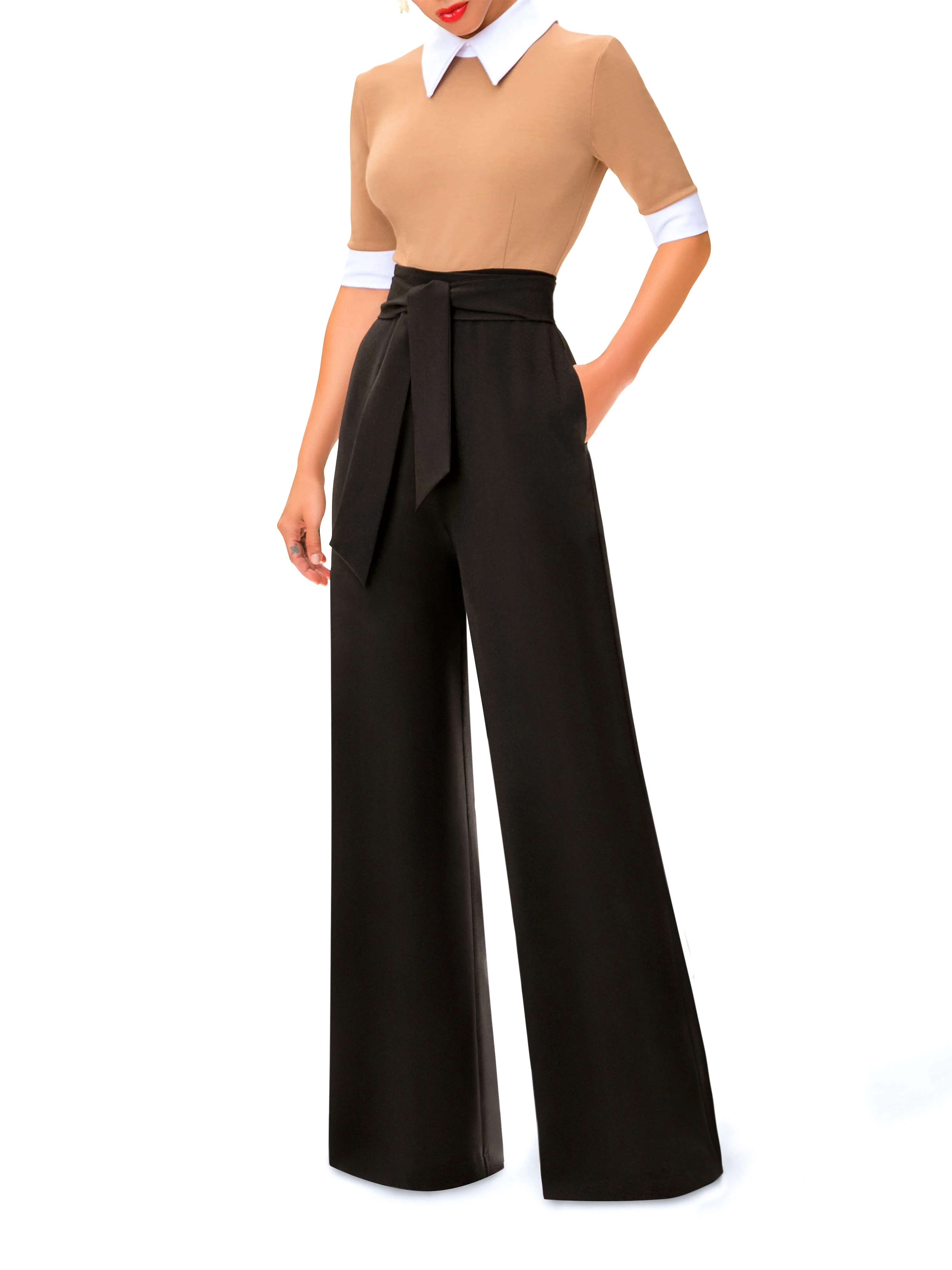 "Marina" Taupe and Black Jumpsuit w/ Collar - Image 2