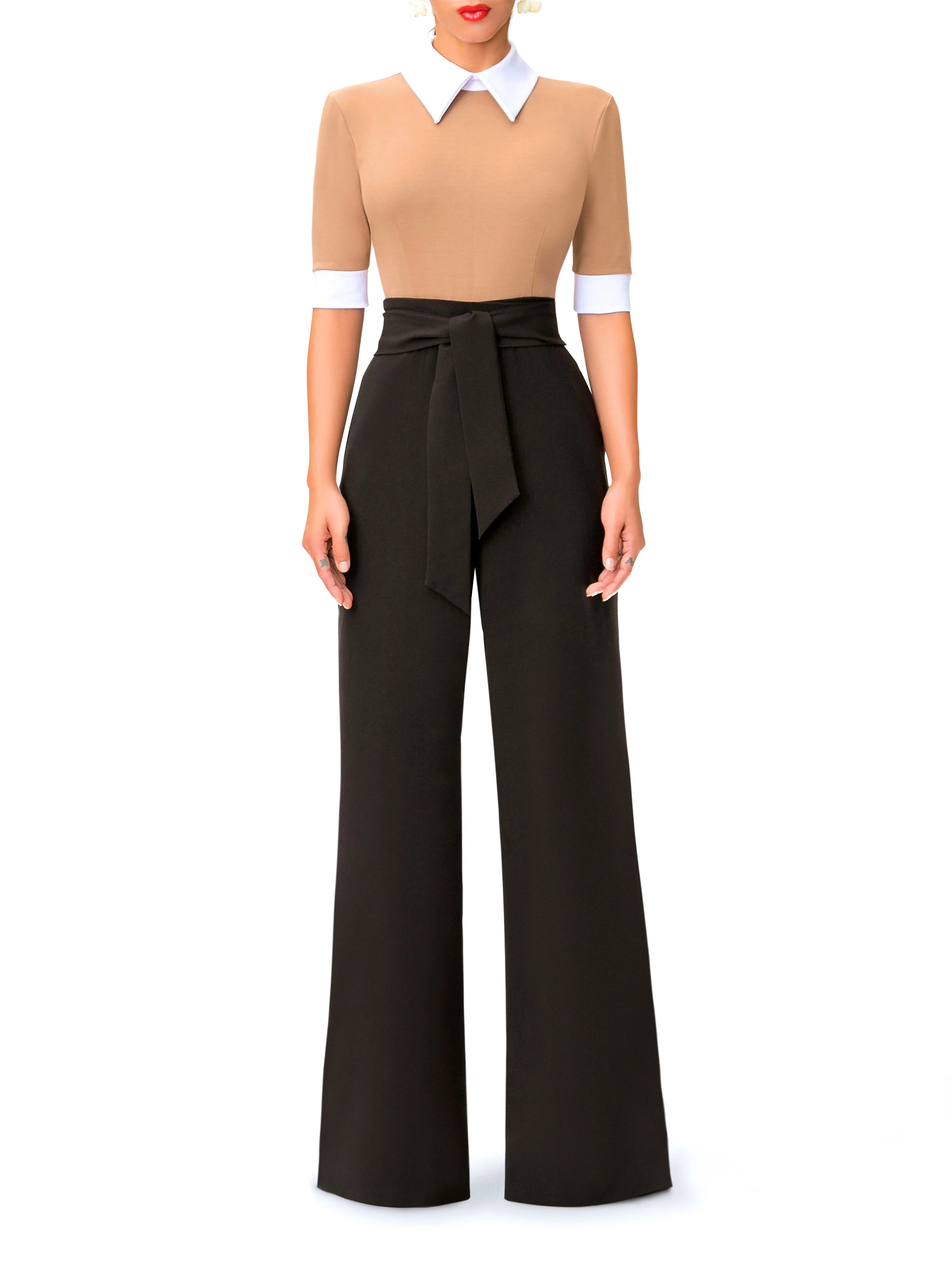 "Marina" Taupe and Black Jumpsuit w/ Collar - Image 3