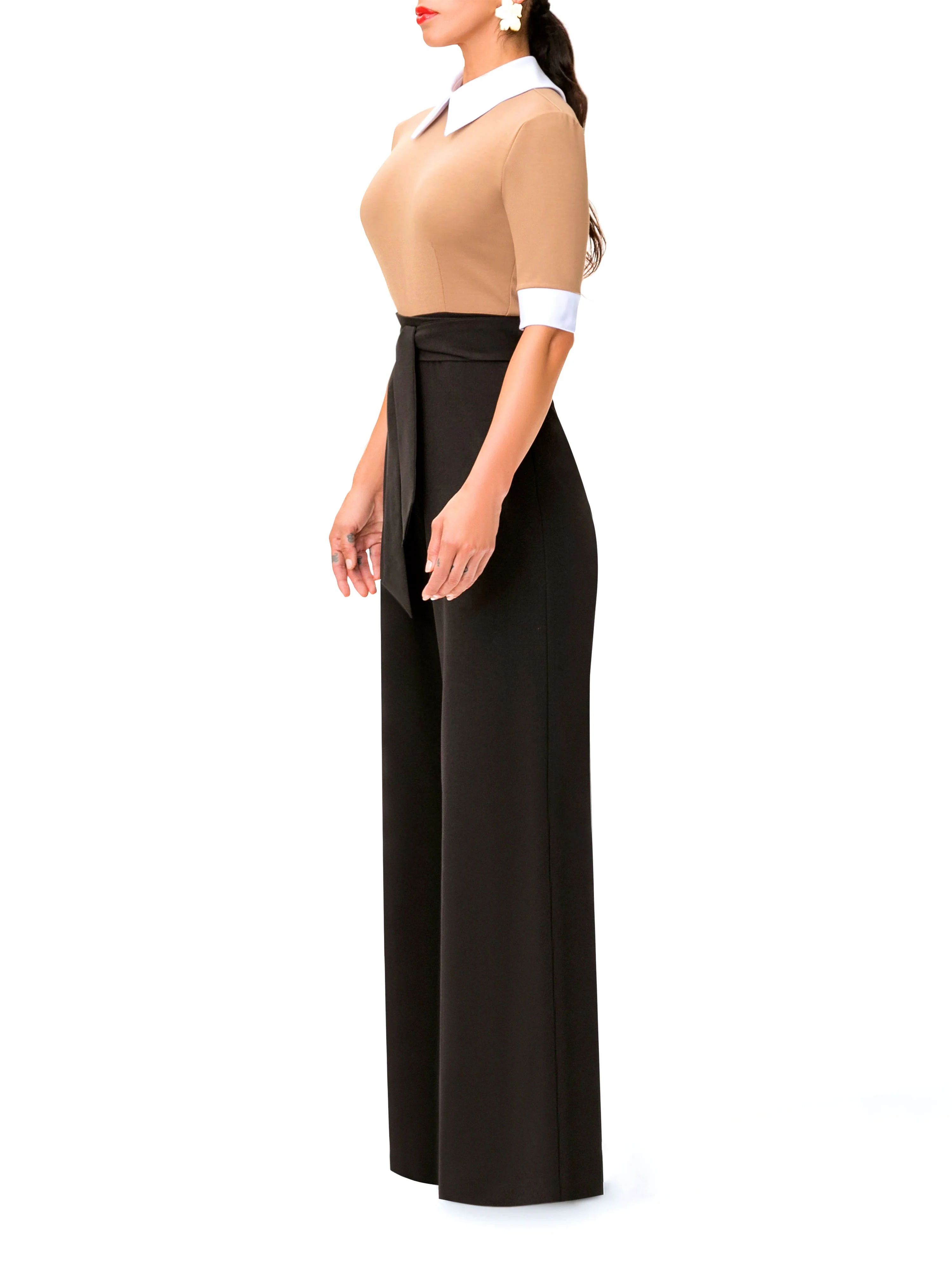 "Marina" Taupe and Black Jumpsuit w/ Collar - Image 4