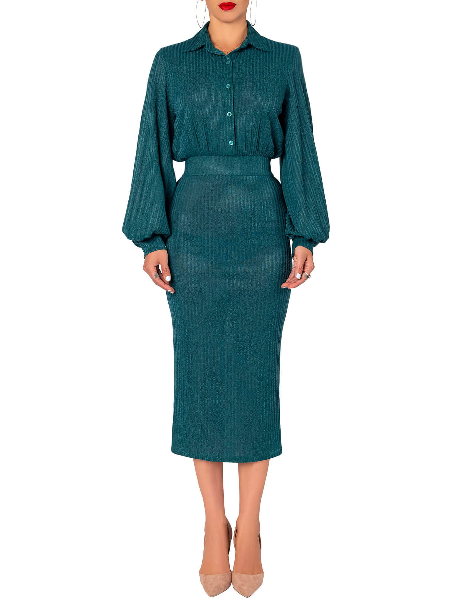 "Maya" Hunter Green Shirtdress - Image 4