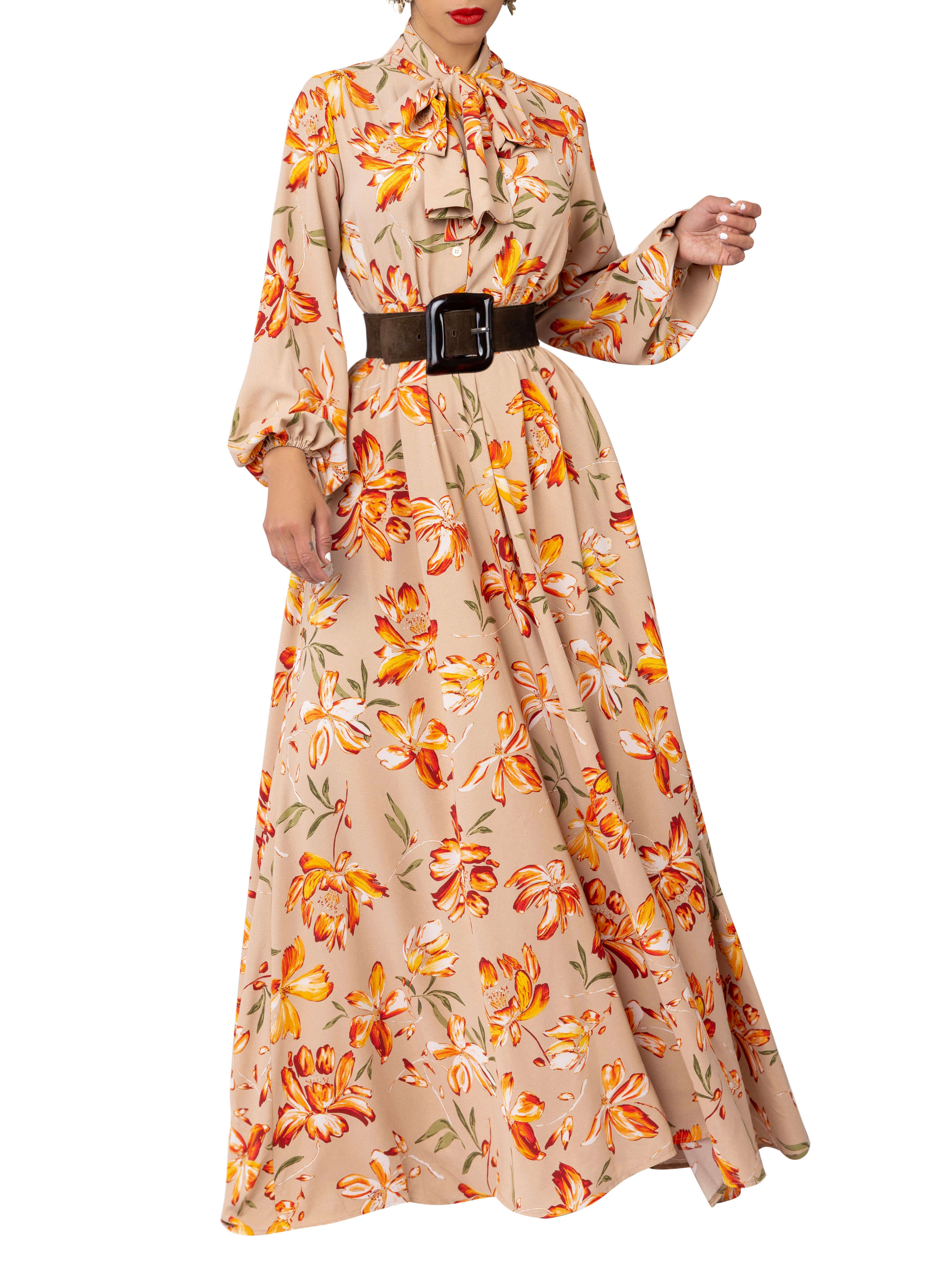 "Melon" Beige Floral Pussybow Maxi Dress - Image 3