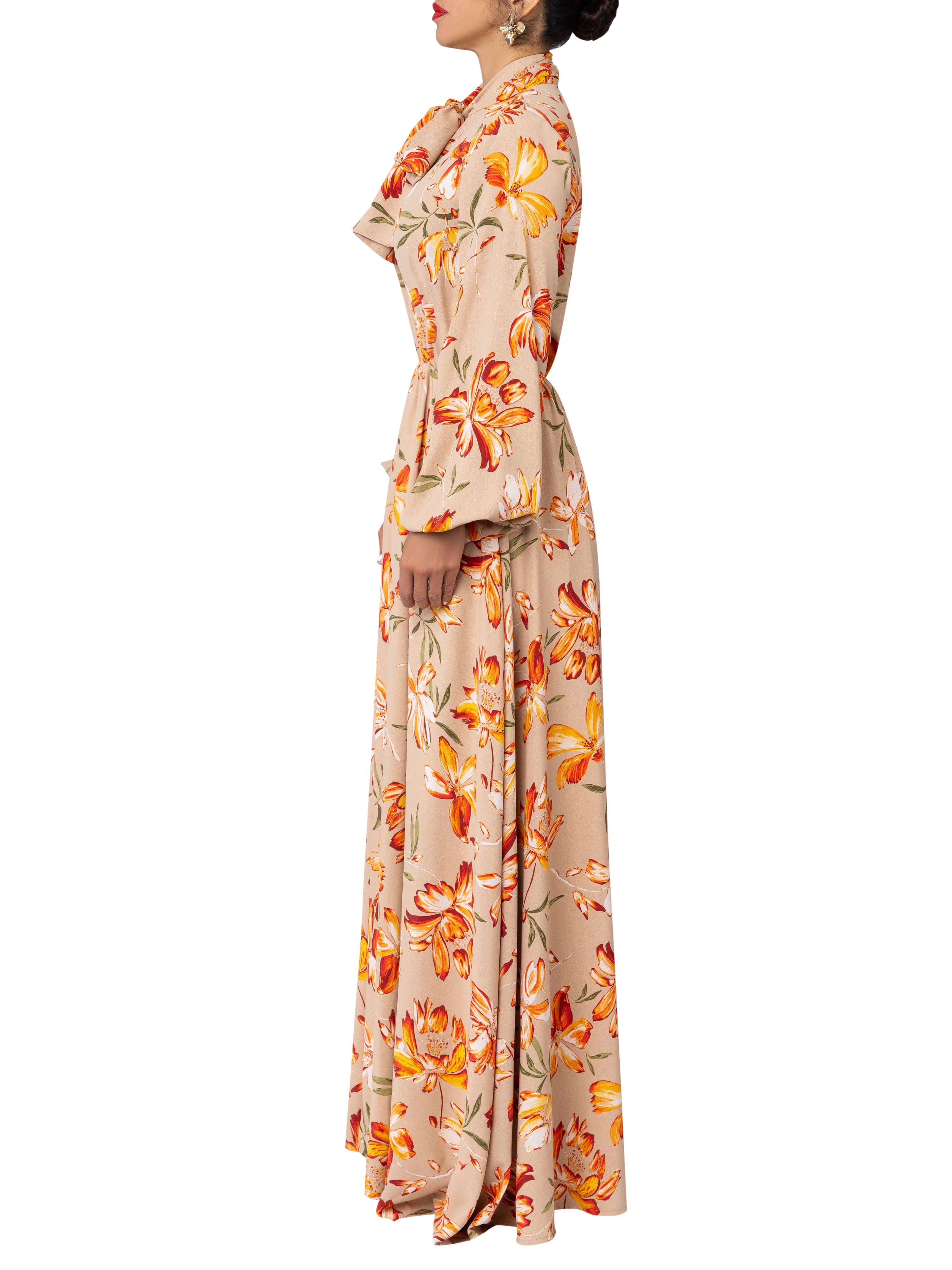 "Melon" Beige Floral Pussybow Maxi Dress - Image 5