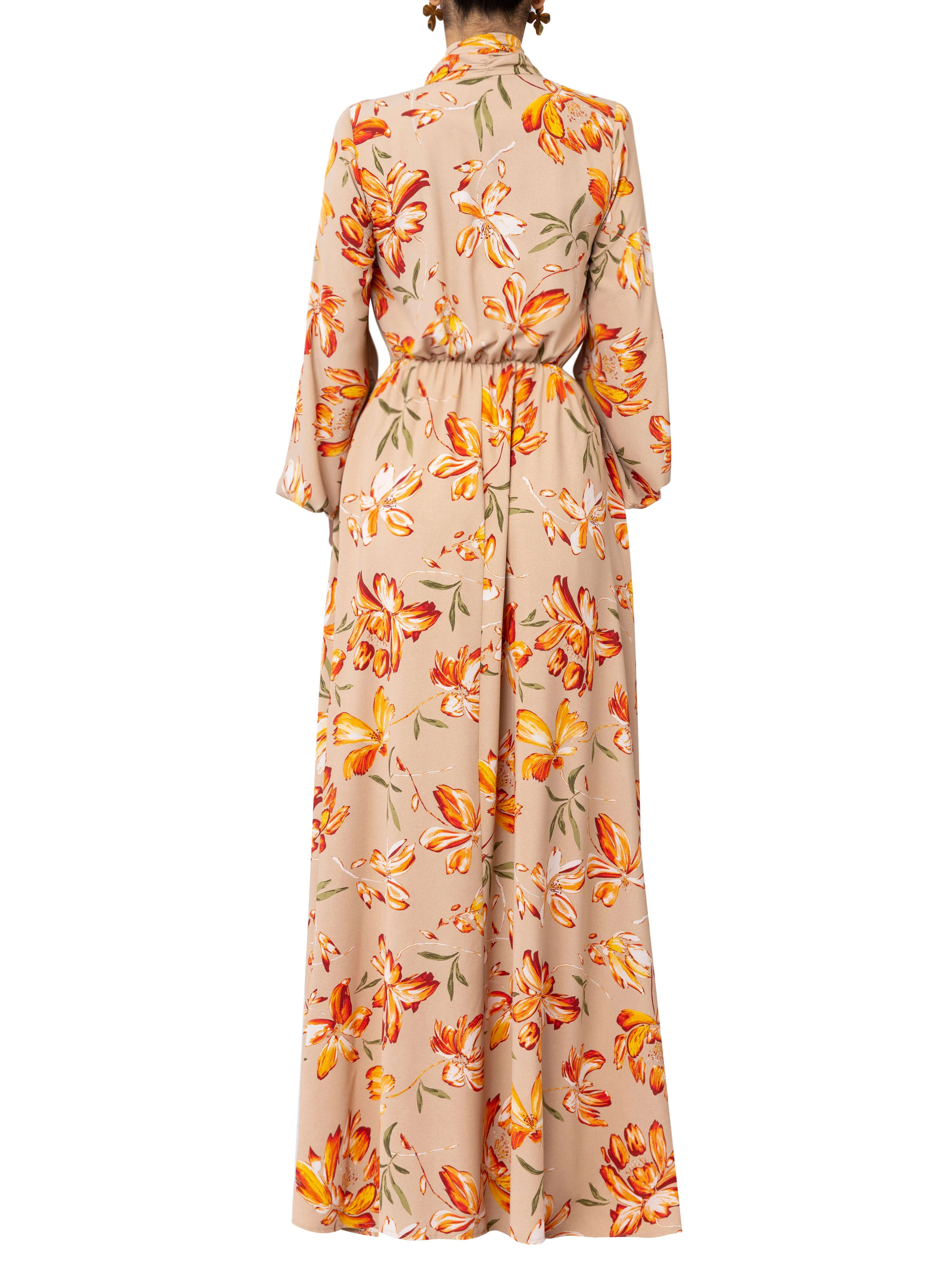 "Melon" Beige Floral Pussybow Maxi Dress - Image 6