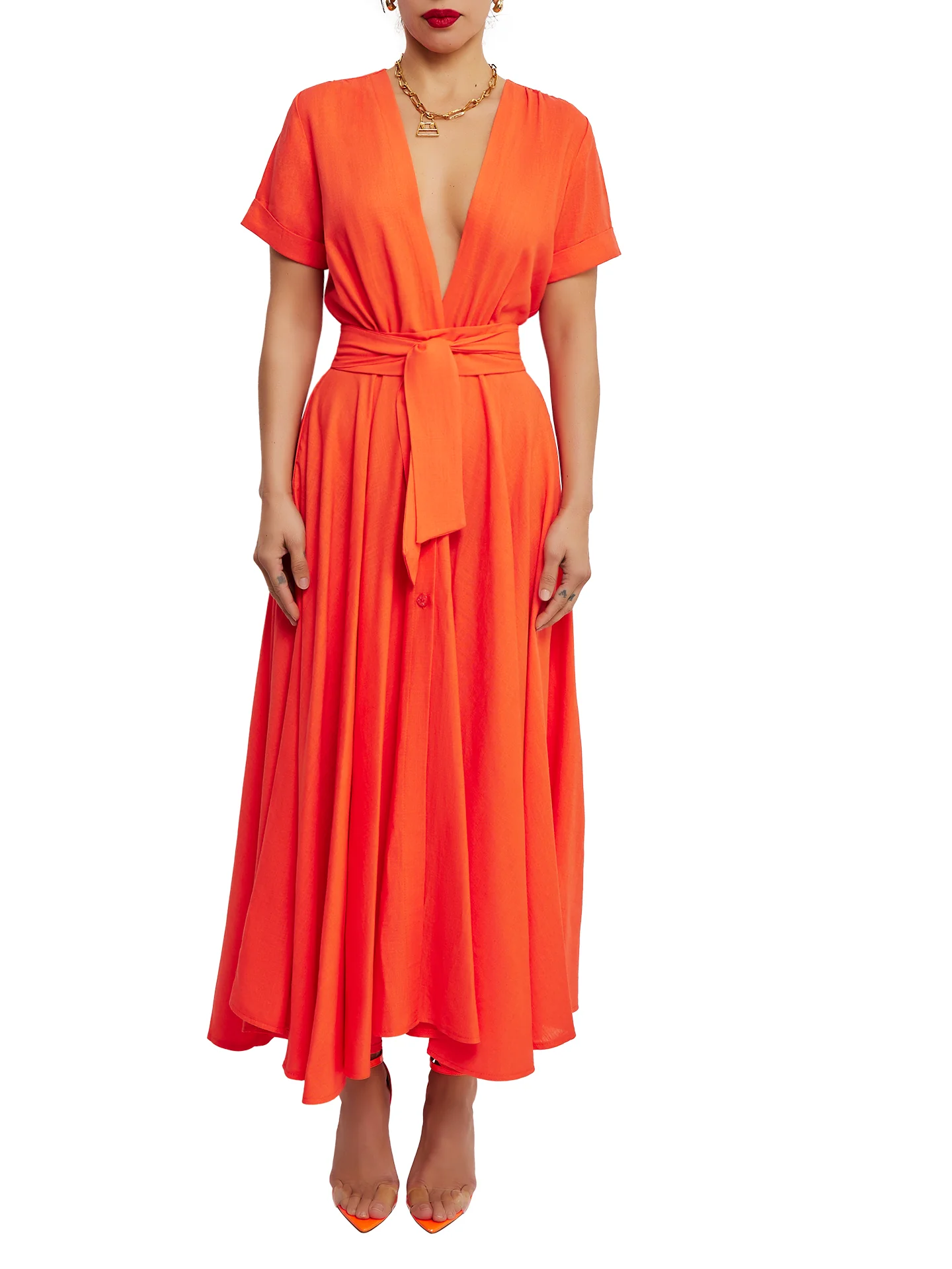 “Moana” Orange Deep V Button-Down Dress - Image 4