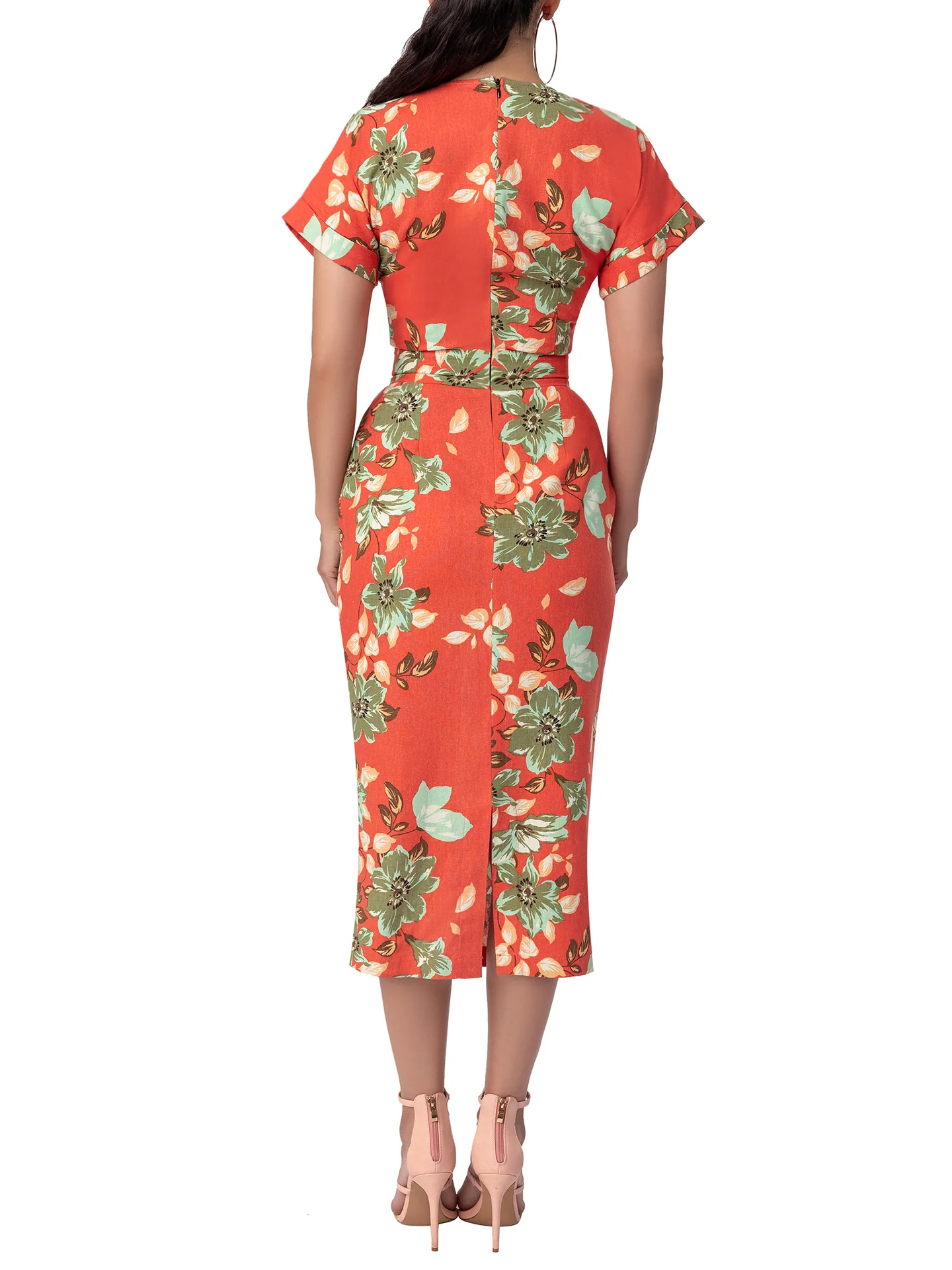"Mojito" Coral Floral Midi Dress - Image 5