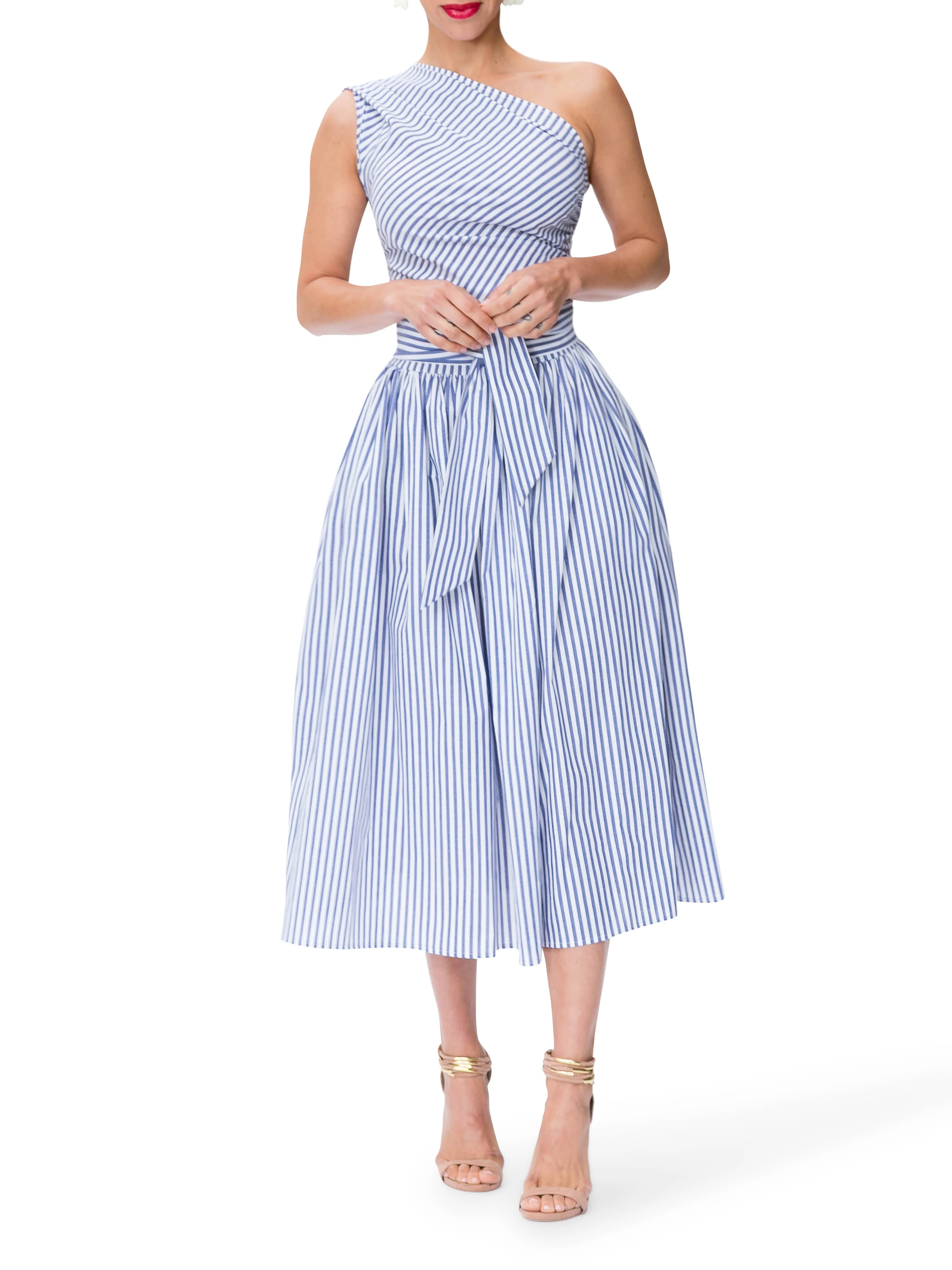 "Monaco" Striped One Shoulder Midi Dress - Image 2