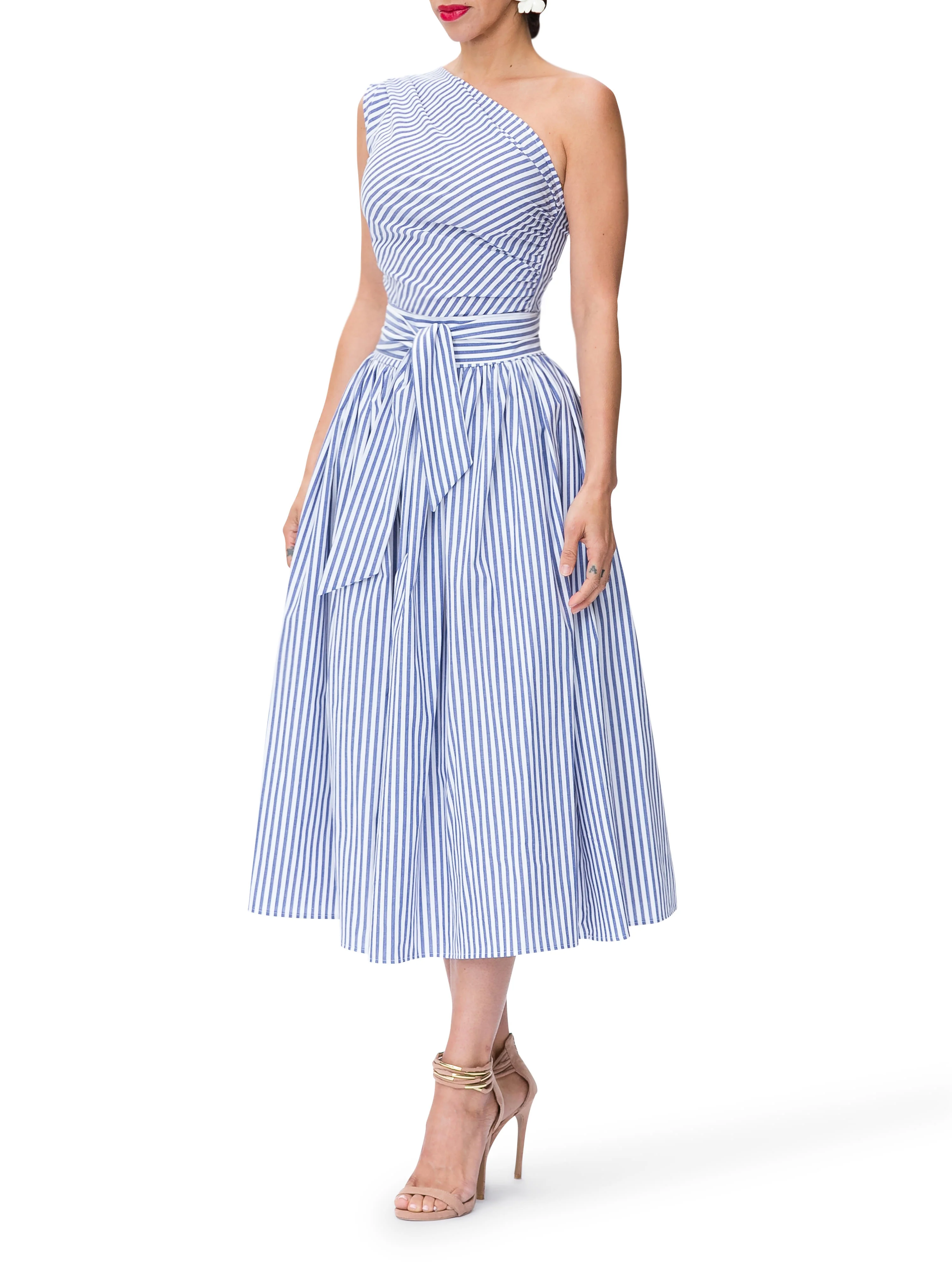 "Monaco" Striped One Shoulder Midi Dress - Image 4