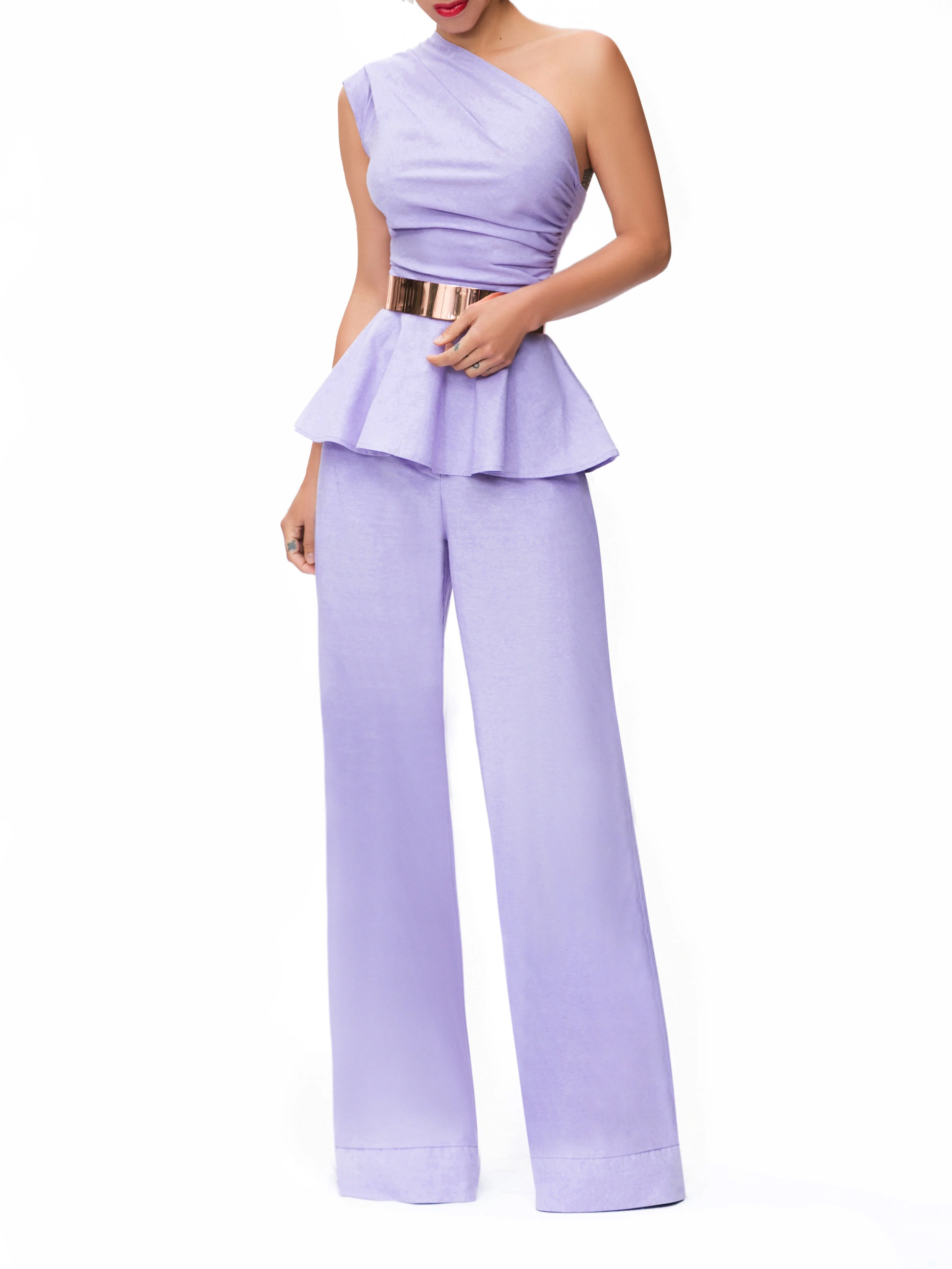 "Mykonos" Lavender One Shoulder Peplum Top - Image 2