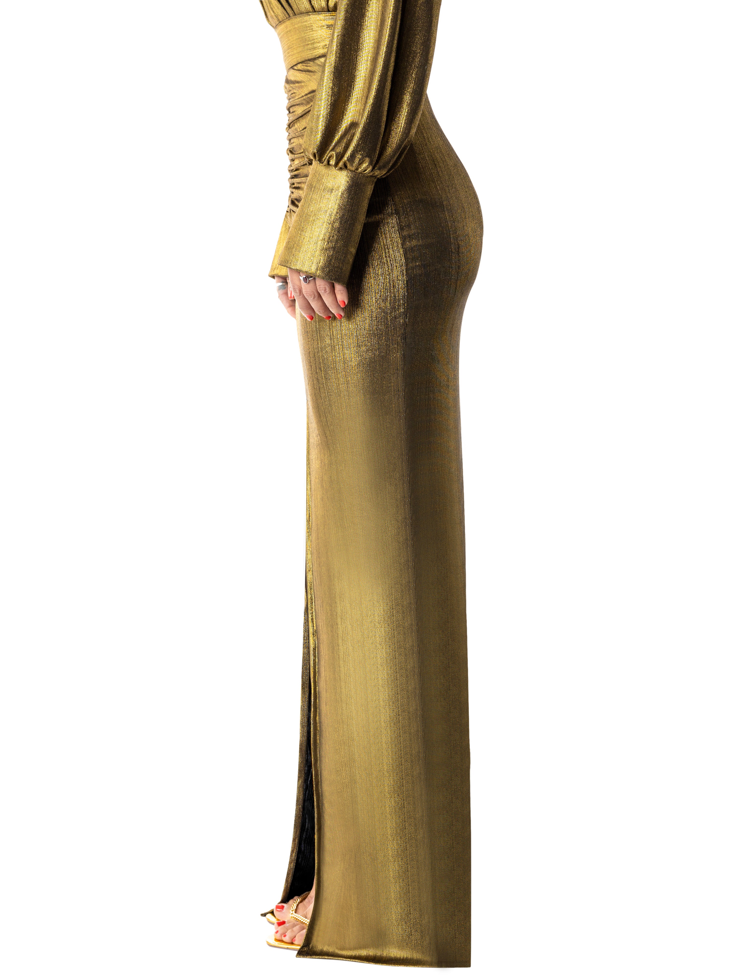 "Naomi" Gold Ruched Maxi Skirt - Image 5