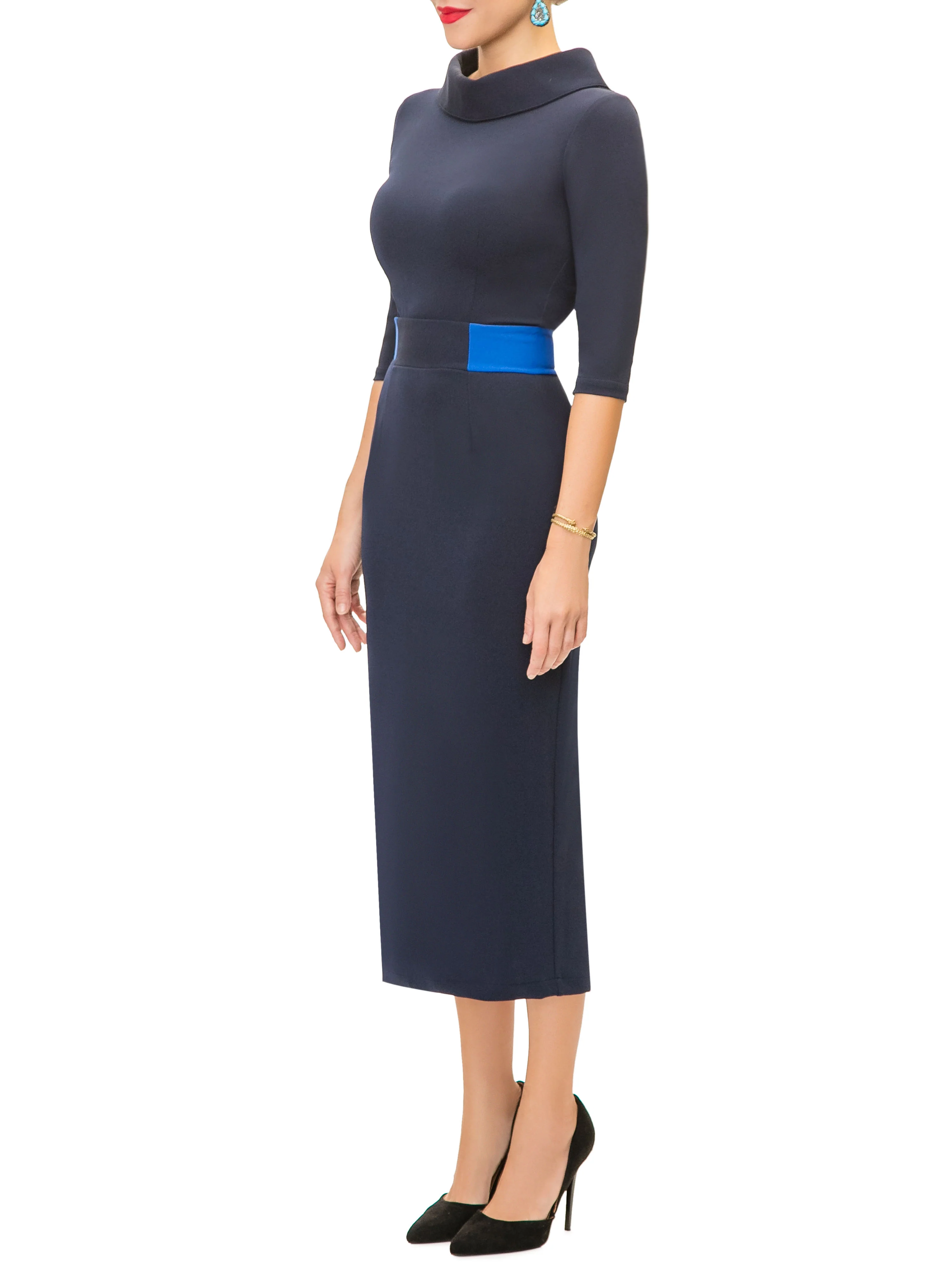 "Natasha" Navy Contrast Waist Pencil Dress - Image 4