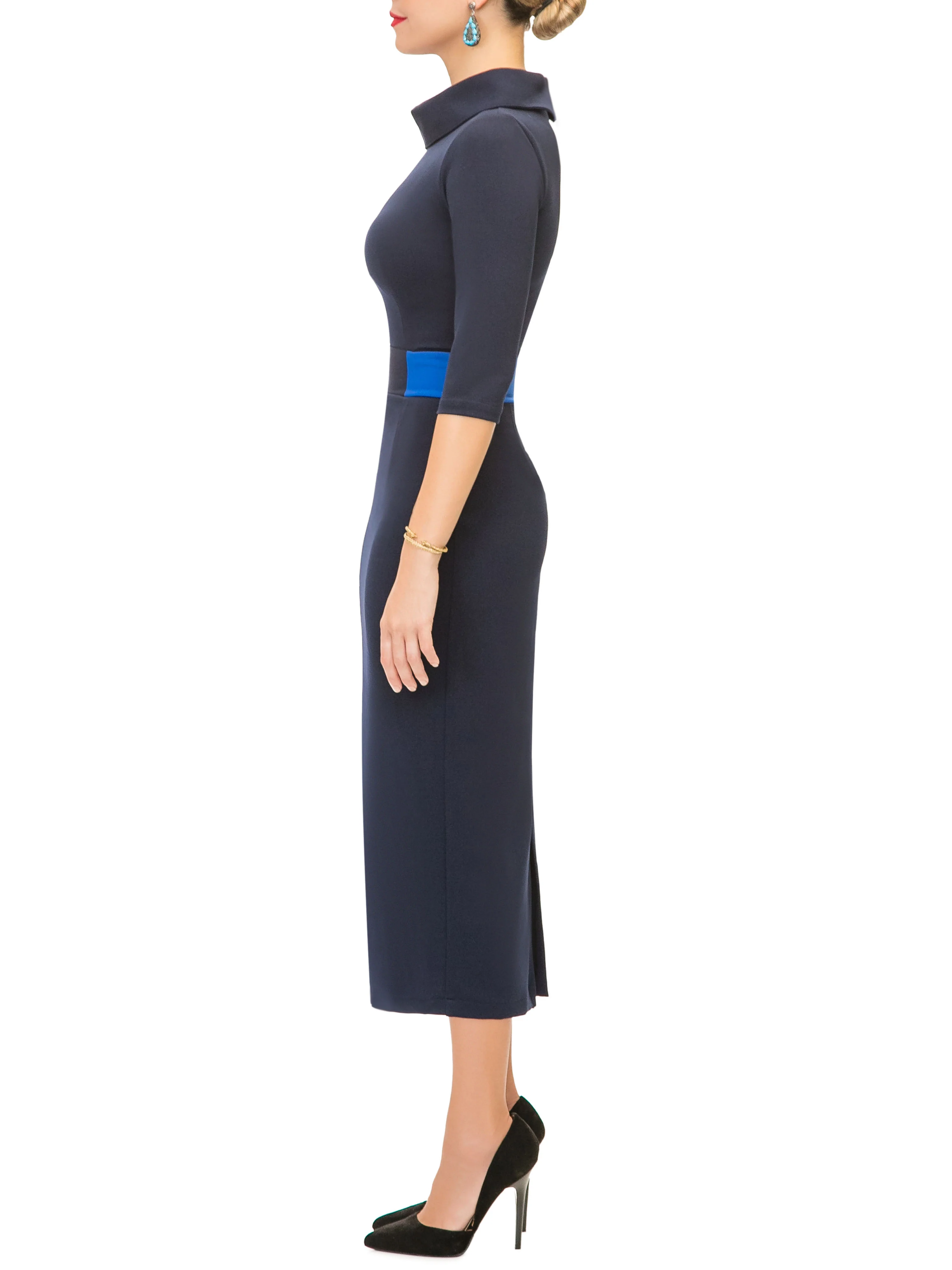 "Natasha" Navy Contrast Waist Pencil Dress - Image 5