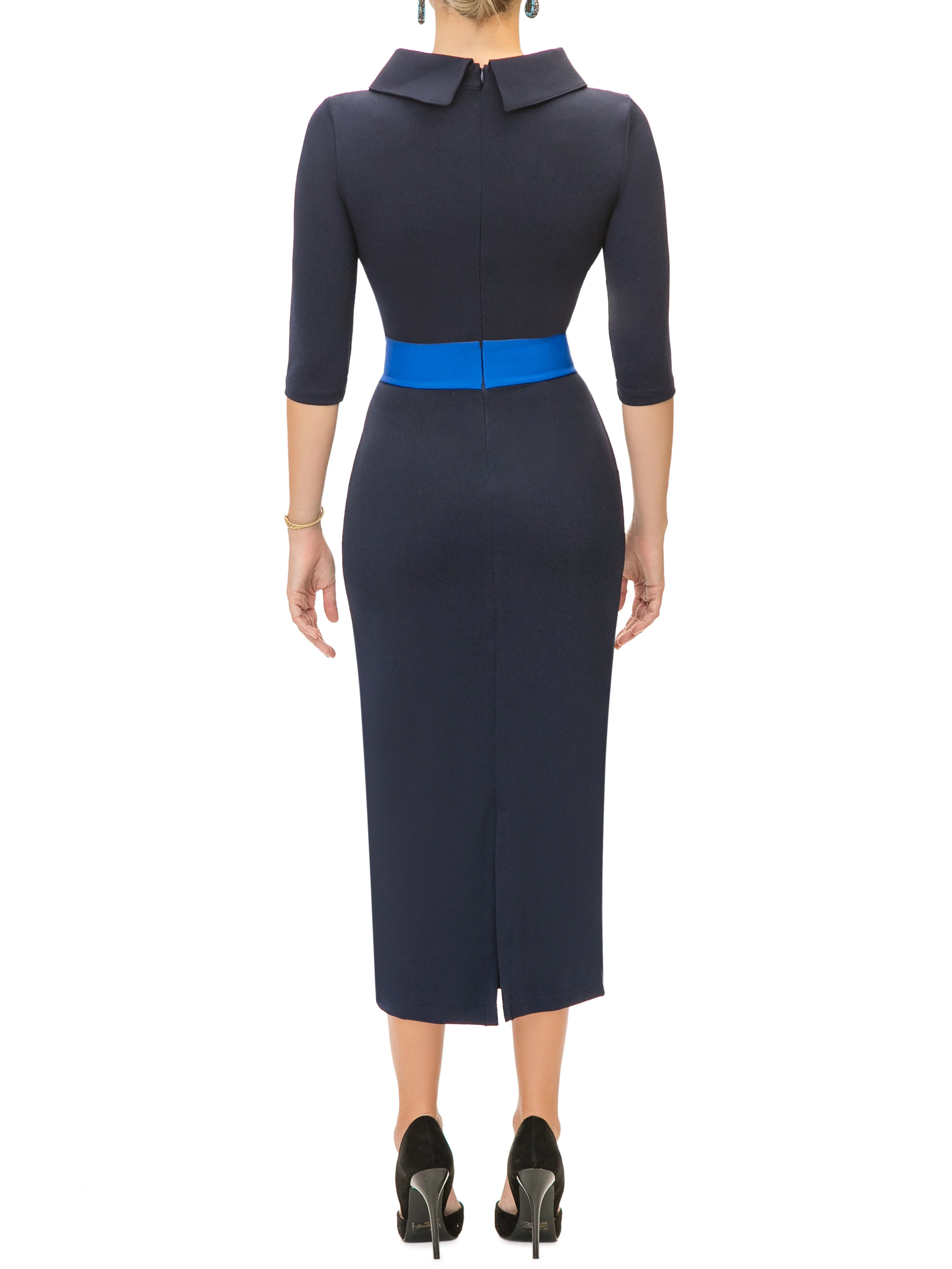 "Natasha" Navy Contrast Waist Pencil Dress - Image 6