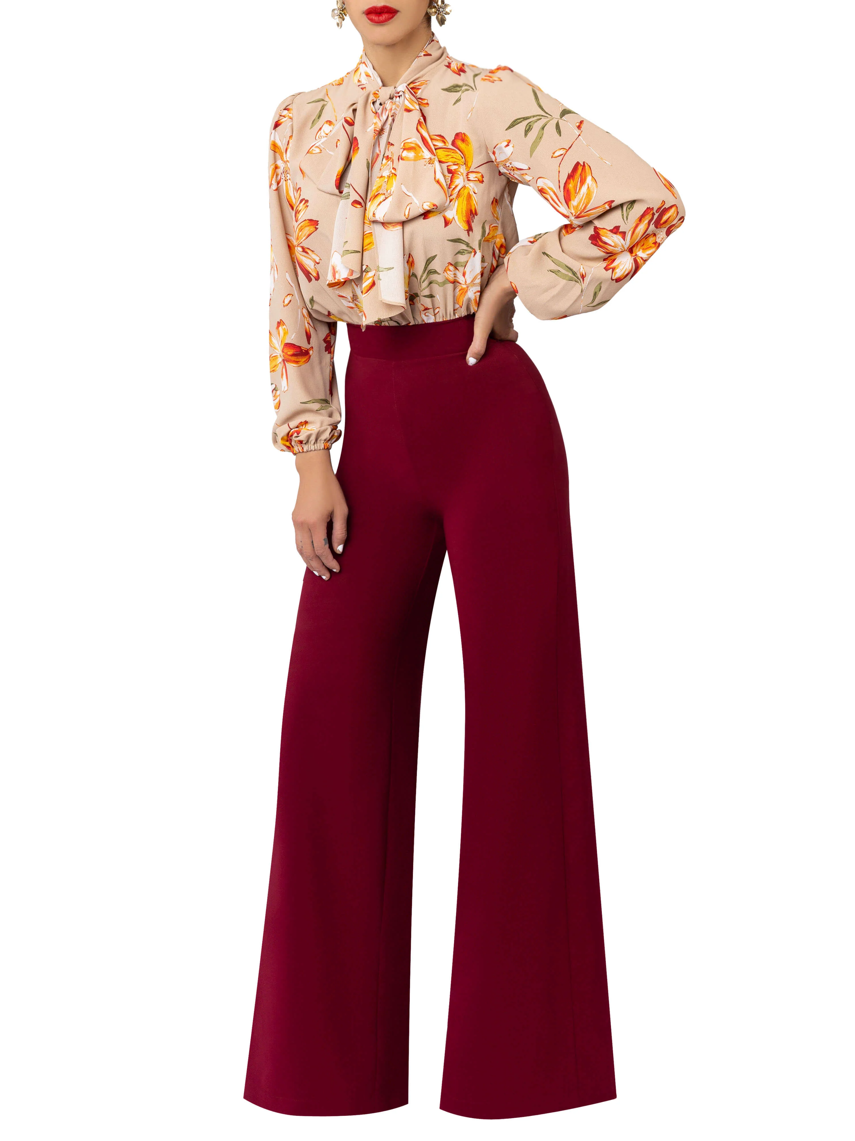 "Nectarine" Beige Floral/ Burgundy Colorblock Jumpsuit - Image 2