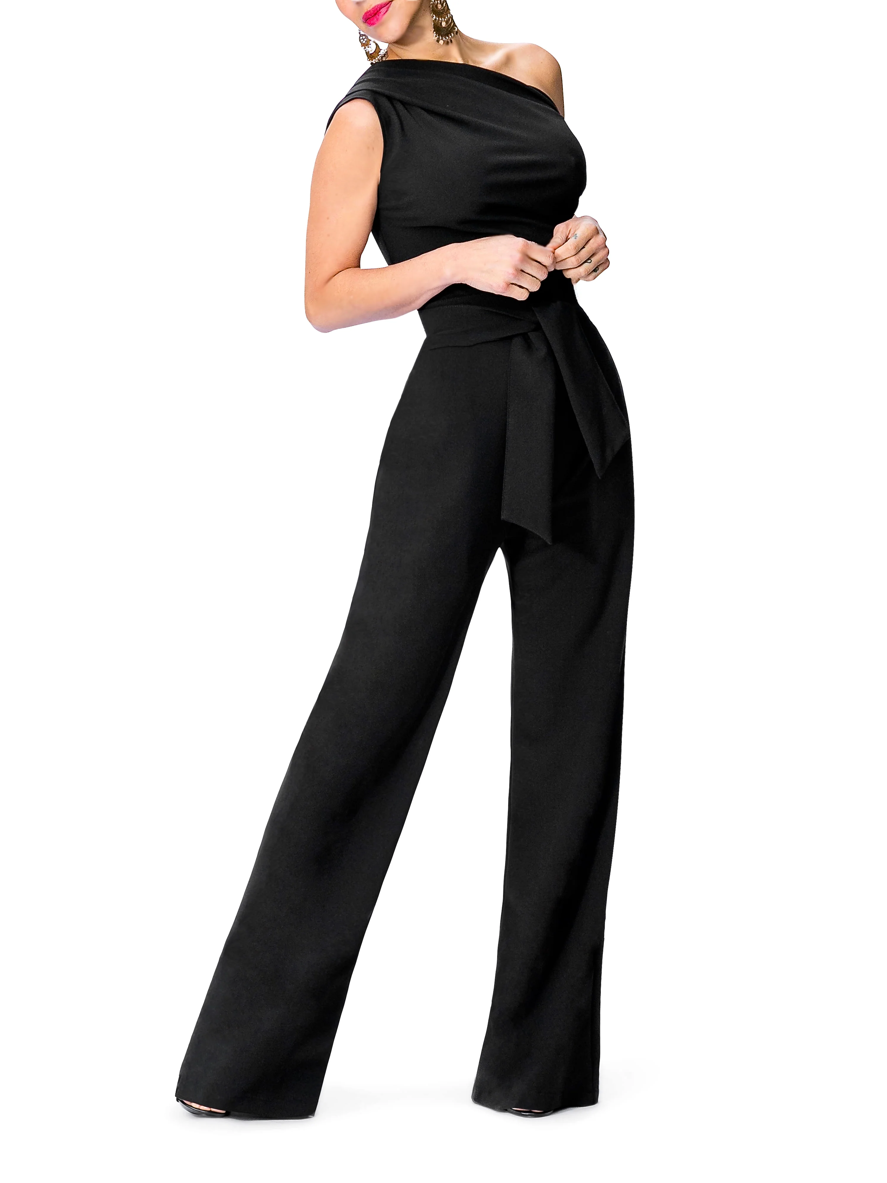 "Nix" One Shoulder Drape Jumpsuit w/Belt - Image 2