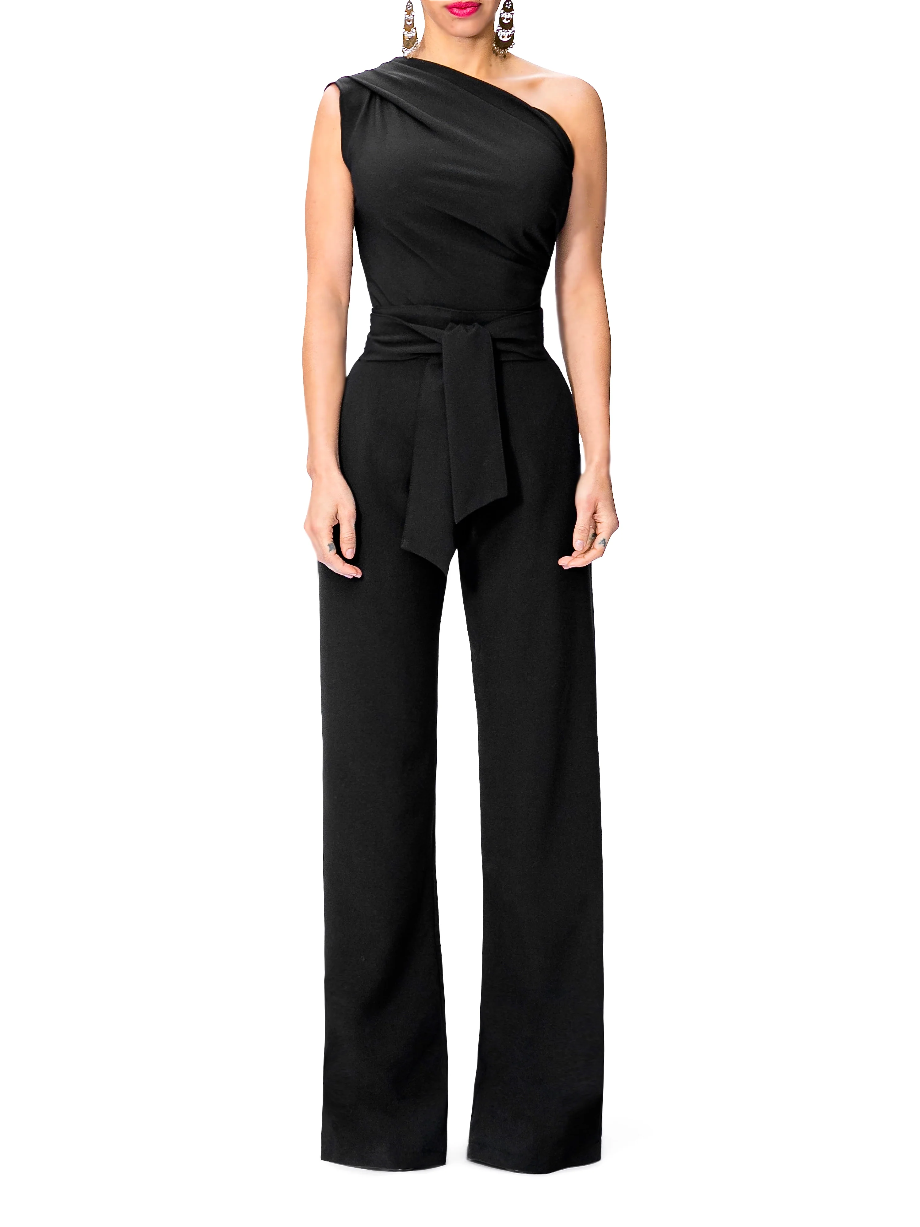 "Nix" One Shoulder Drape Jumpsuit w/Belt - Image 3