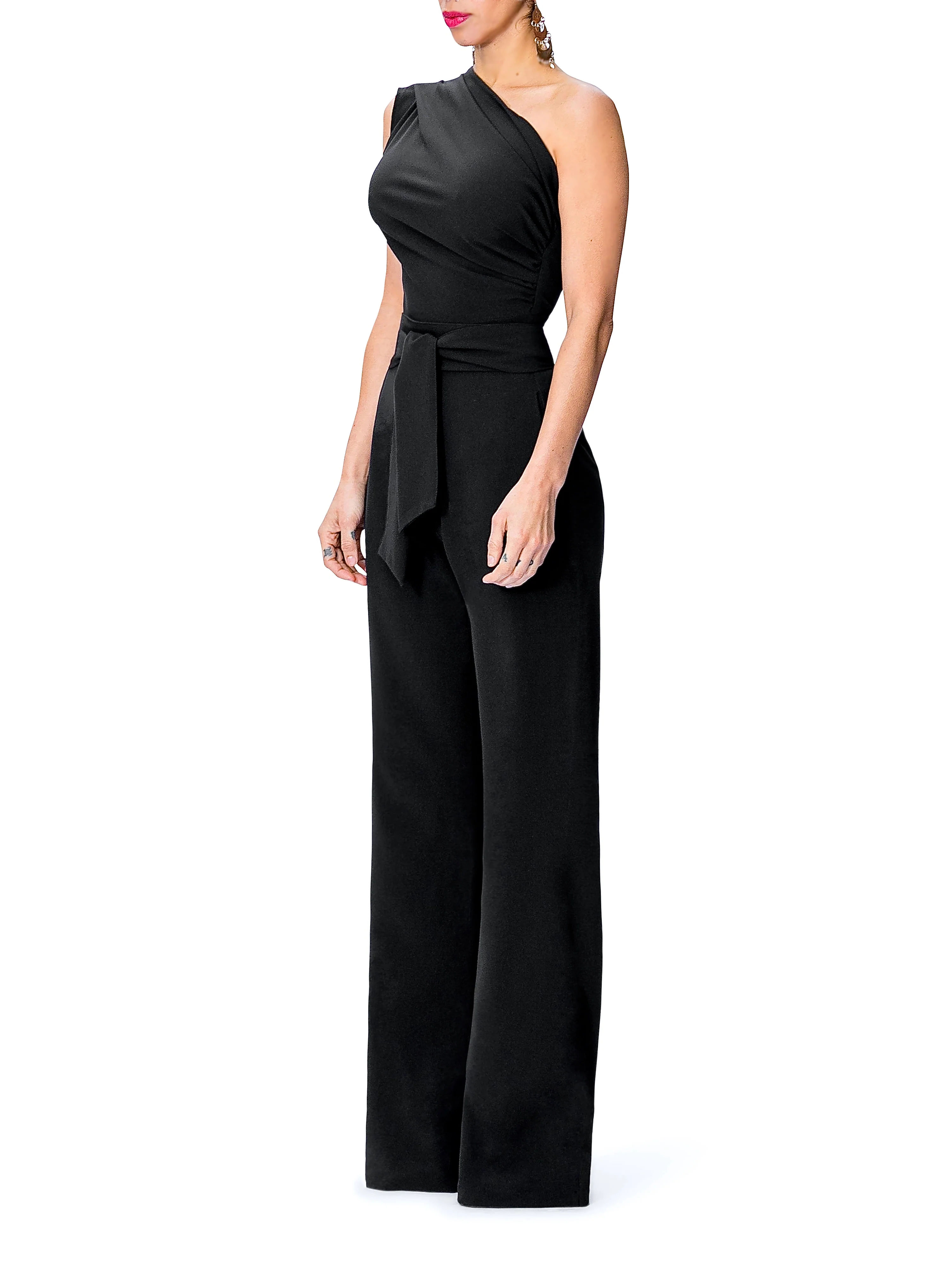 "Nix" One Shoulder Drape Jumpsuit w/Belt - Image 4