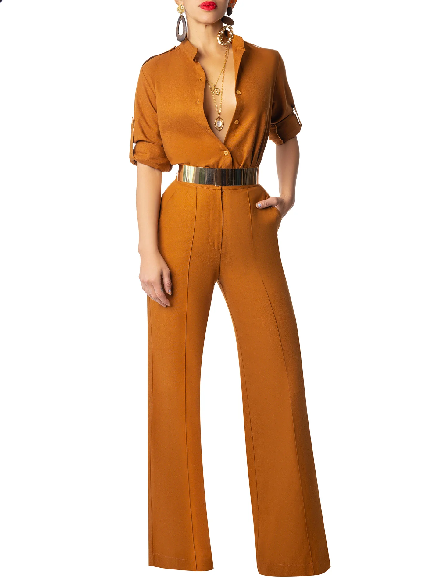 "Oak" Cognac Long Sleeve Button Down Top - Image 2