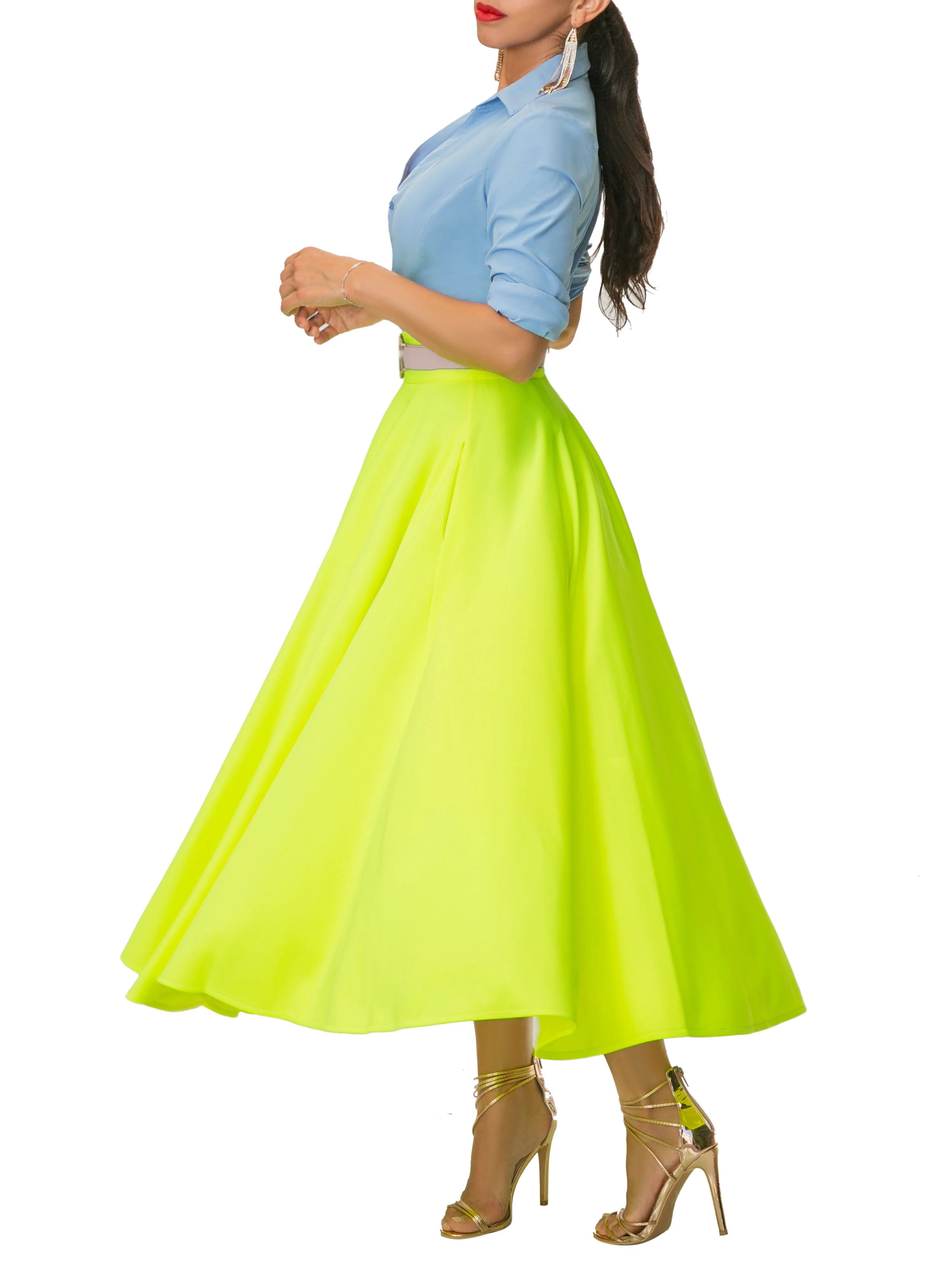 "Ola-Ray" Neon Yellow Midi Skirt - Image 3
