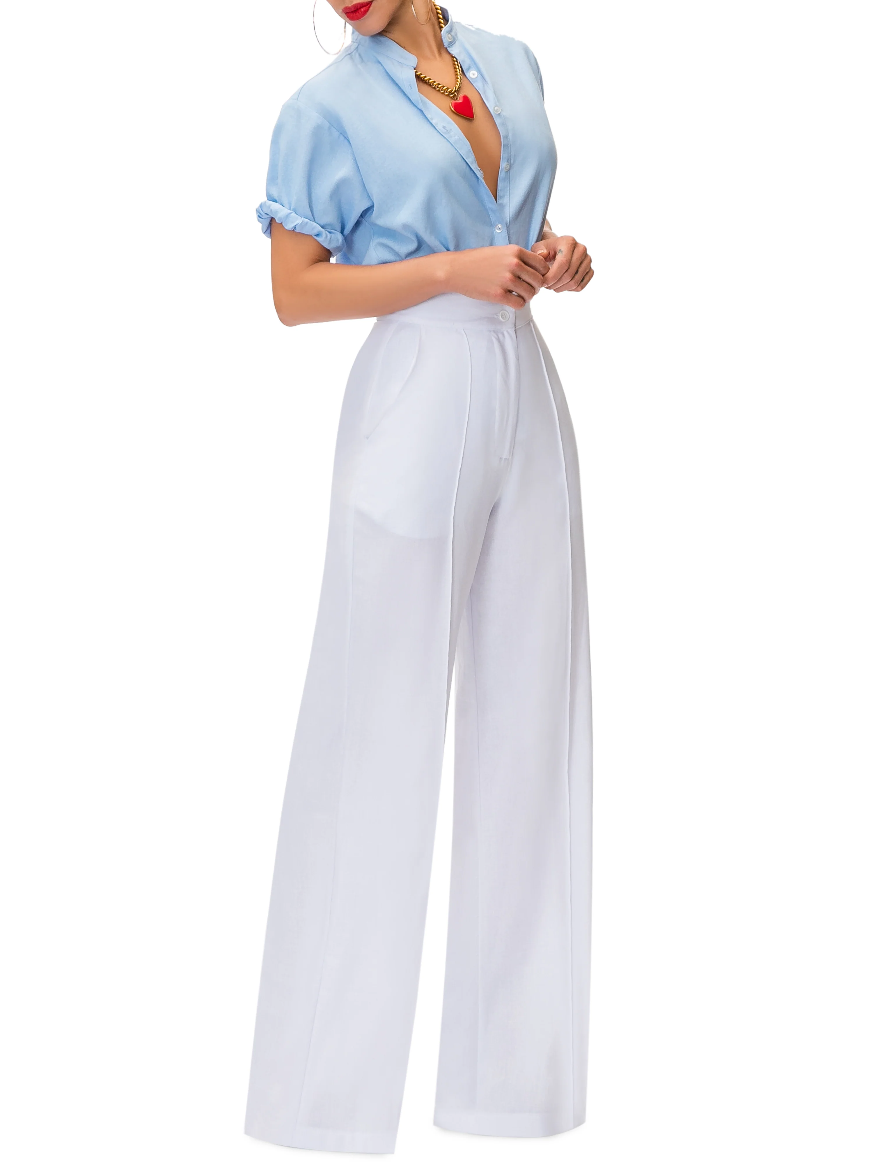 "Palm Springs" White Linen High Waist Pants - Image 3