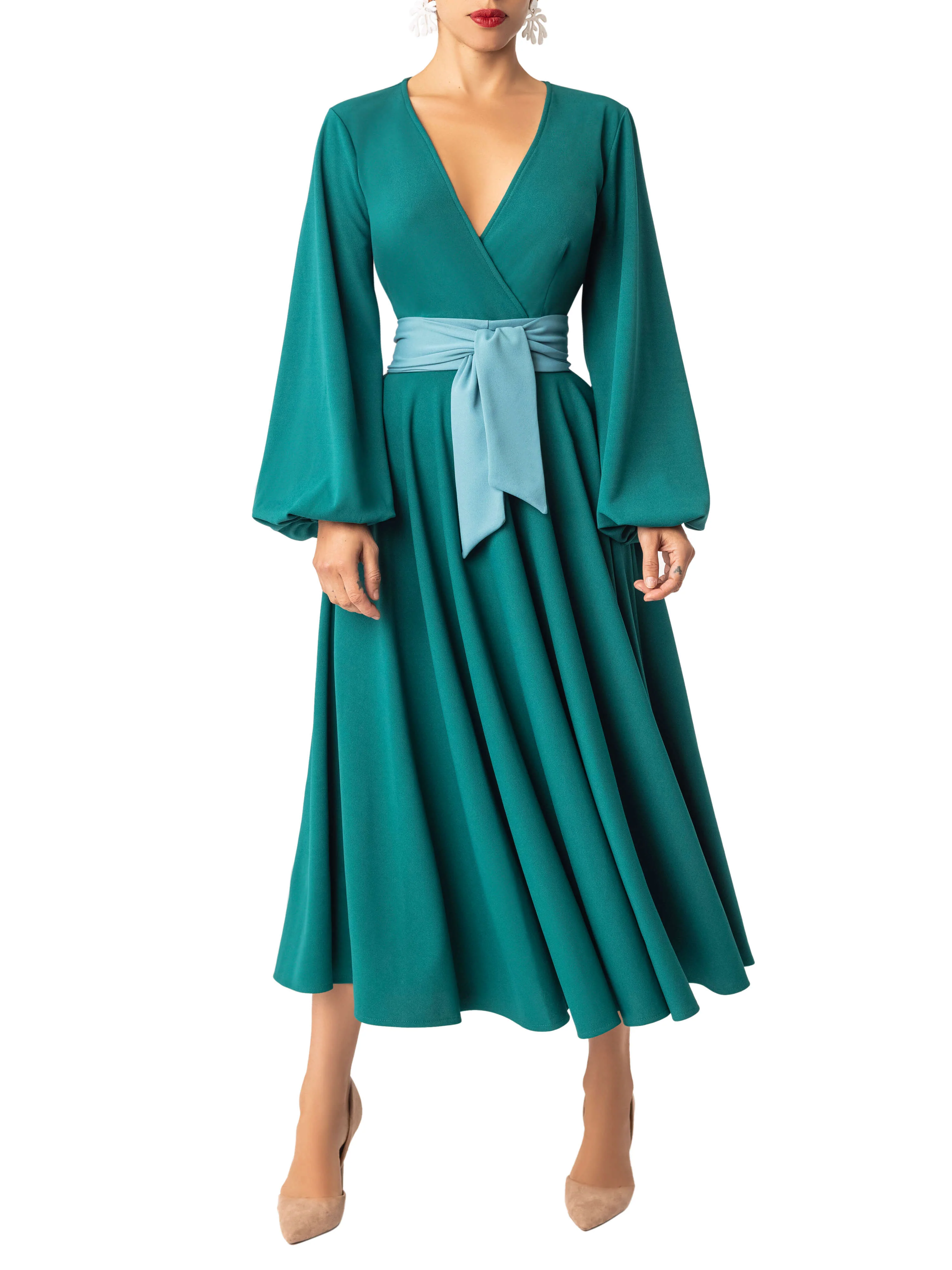 "Paloma" Emerald Contrast Waist Swing Dress - Image 3