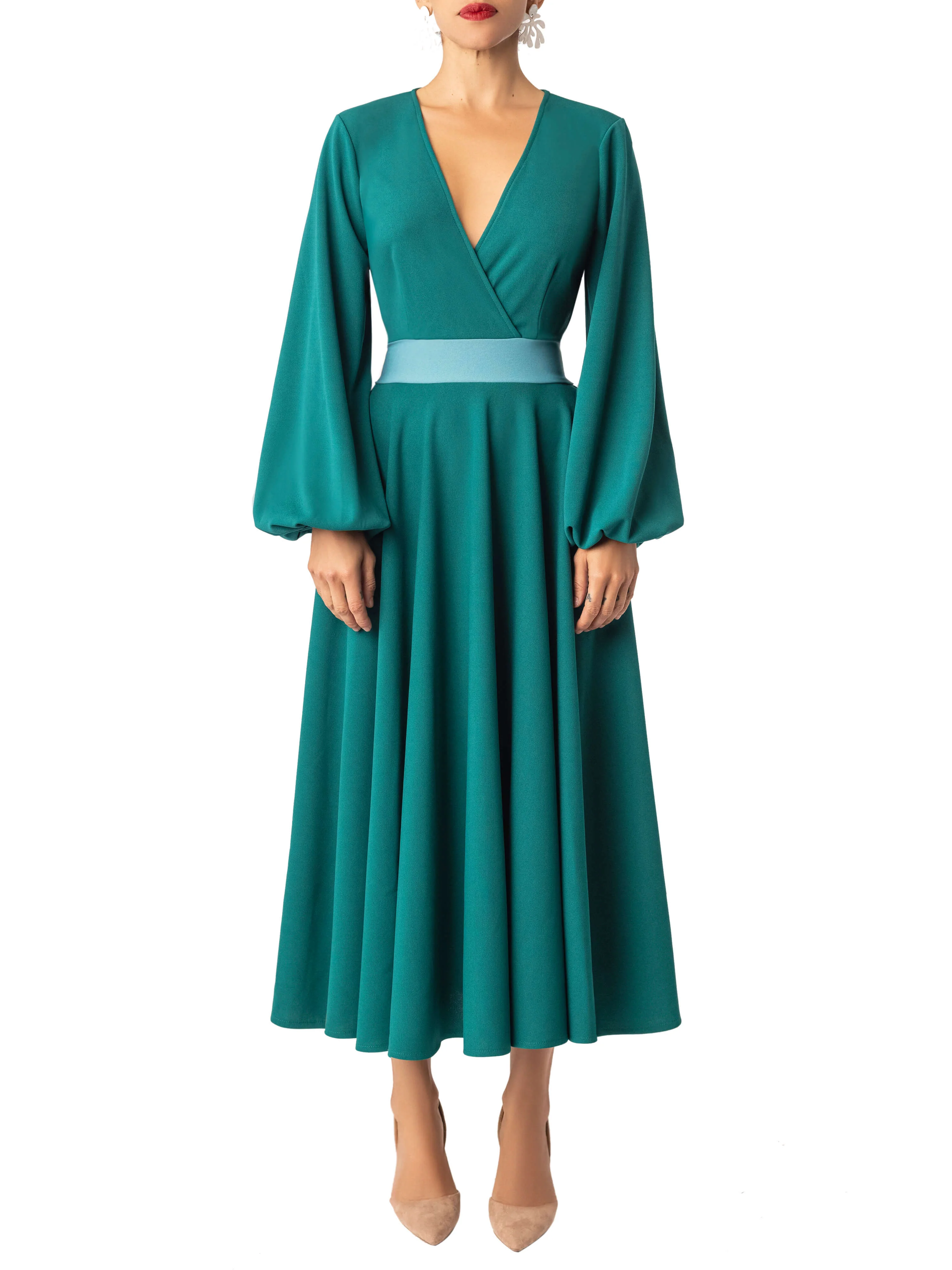 "Paloma" Emerald Contrast Waist Swing Dress - Image 5