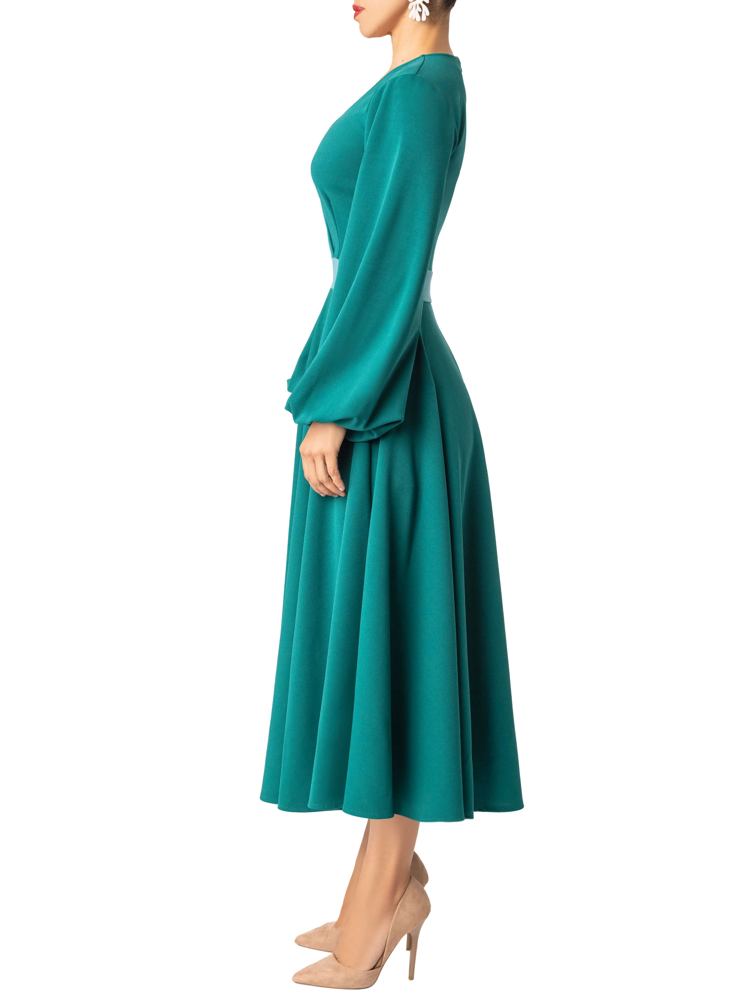 "Paloma" Emerald Contrast Waist Swing Dress - Image 6